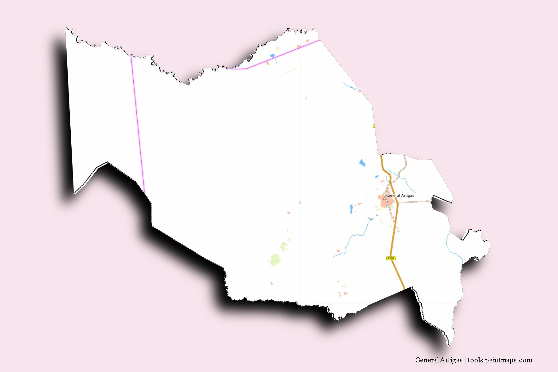 General Artigas neighborhoods and villages map with 3D shadow effect