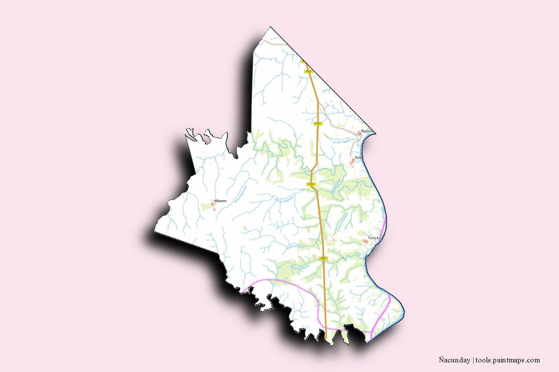 Mapa de barrios y pueblos de Ñacunday con efecto de sombra 3D