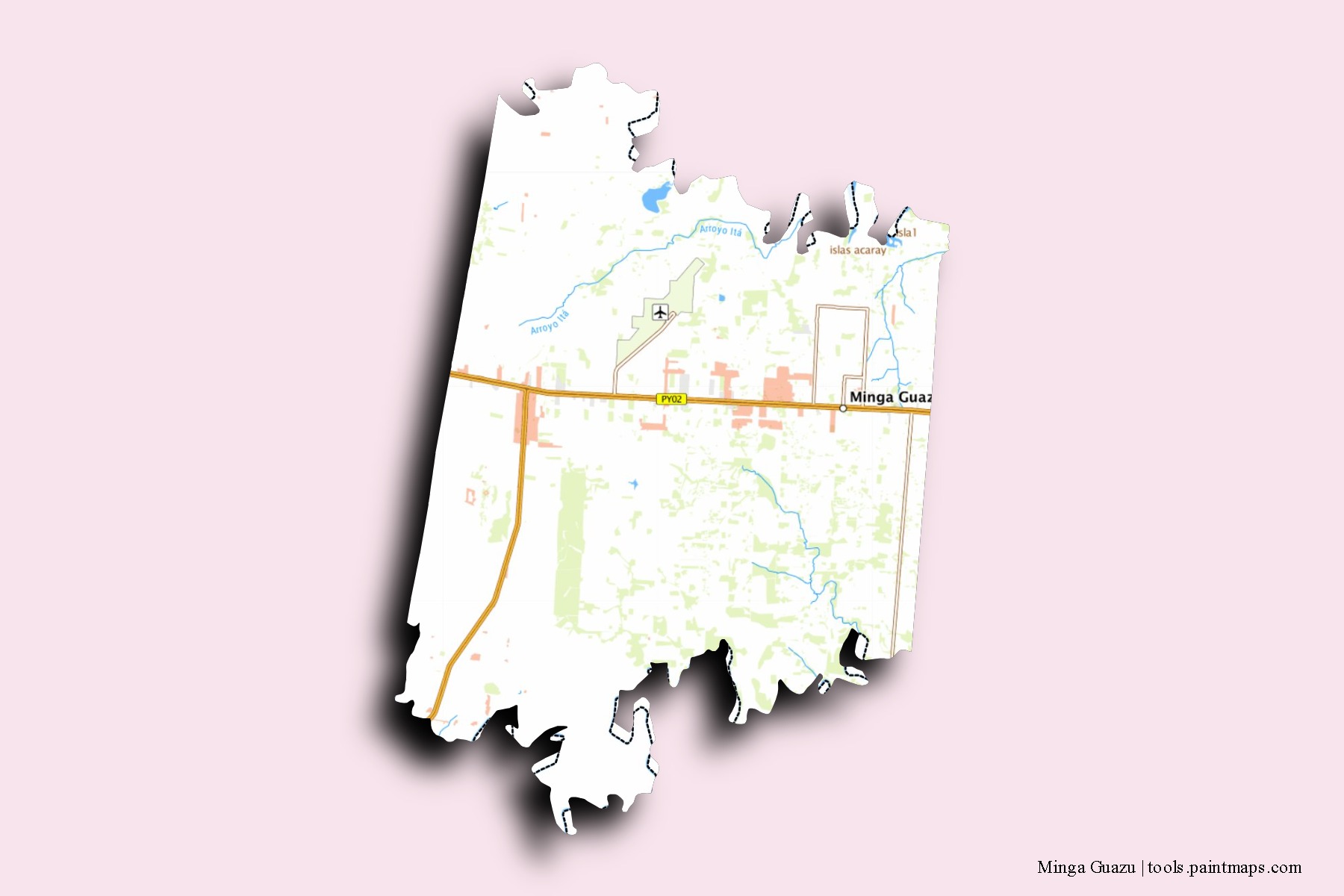 Mapa de barrios y pueblos de Minga Guazu con efecto de sombra 3D