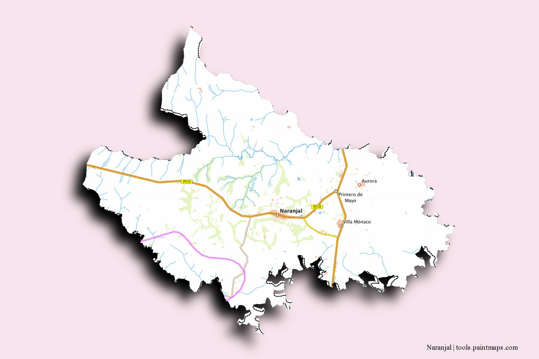 Mapa de barrios y pueblos de Naranjal con efecto de sombra 3D