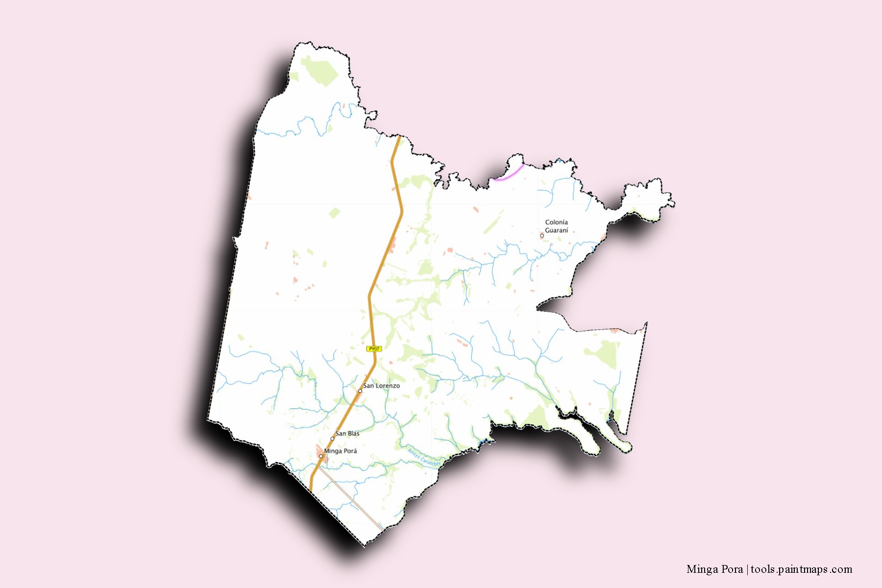 Mapa de barrios y pueblos de Minga Pora con efecto de sombra 3D