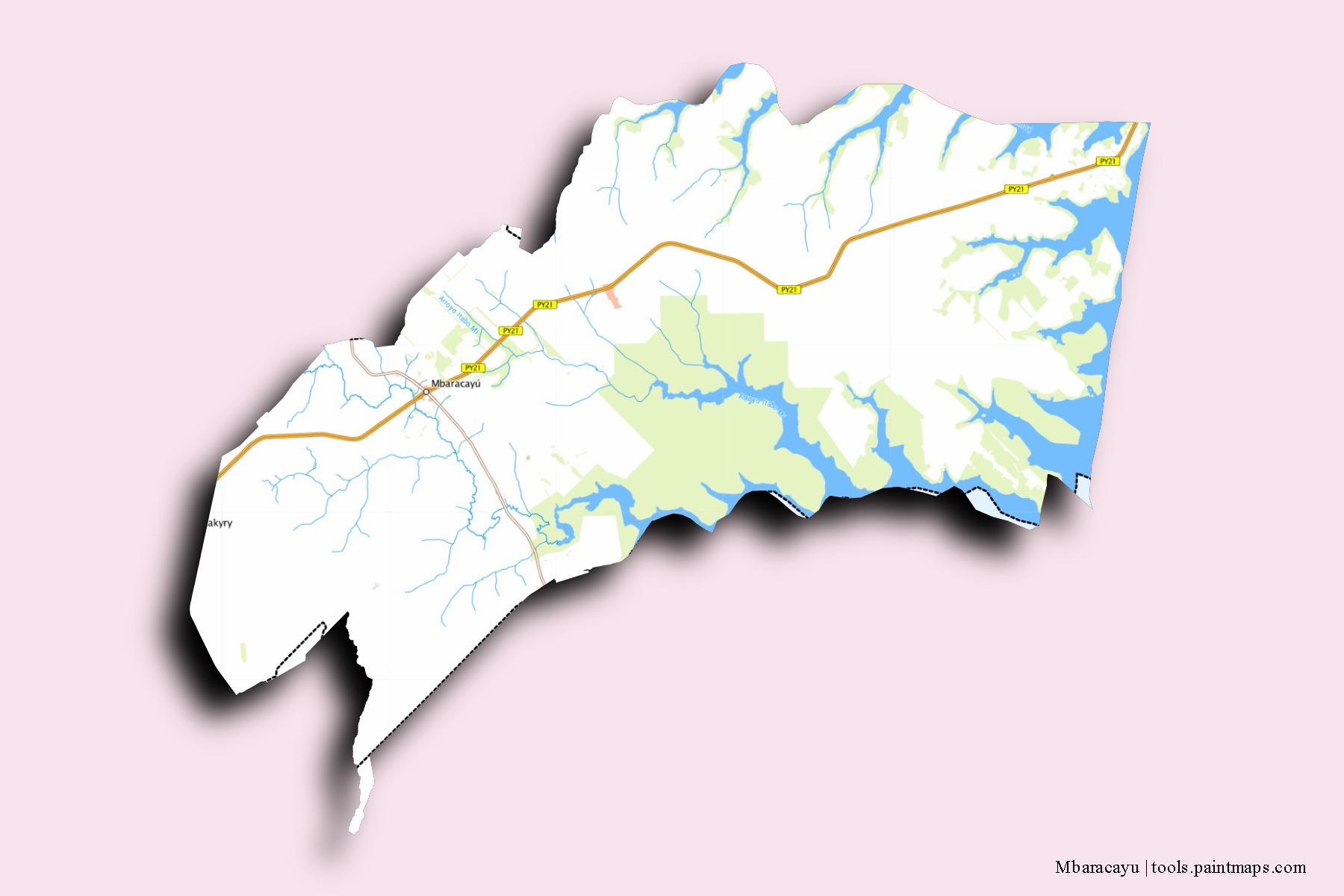 Mbaracayú neighborhoods and villages map with 3D shadow effect