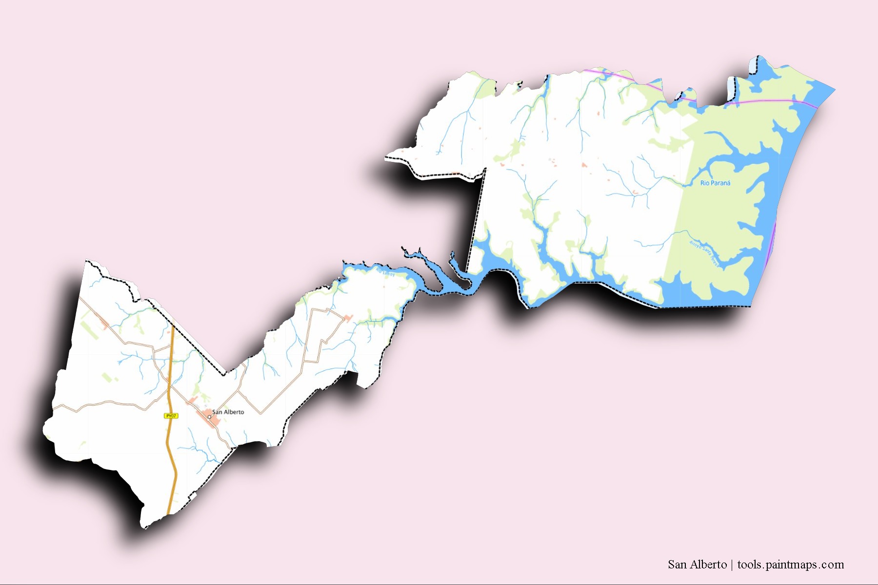 Mapa de barrios y pueblos de San Alberto con efecto de sombra 3D