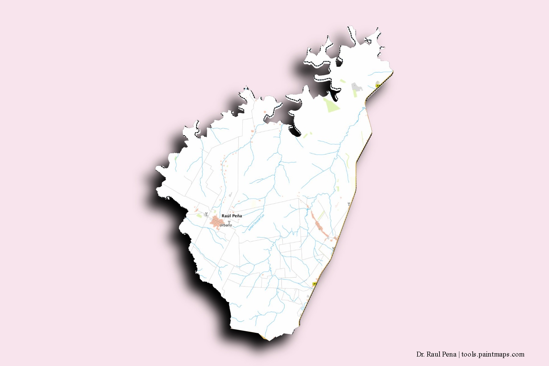 Mapa de barrios y pueblos de Dr. Raul Pena con efecto de sombra 3D