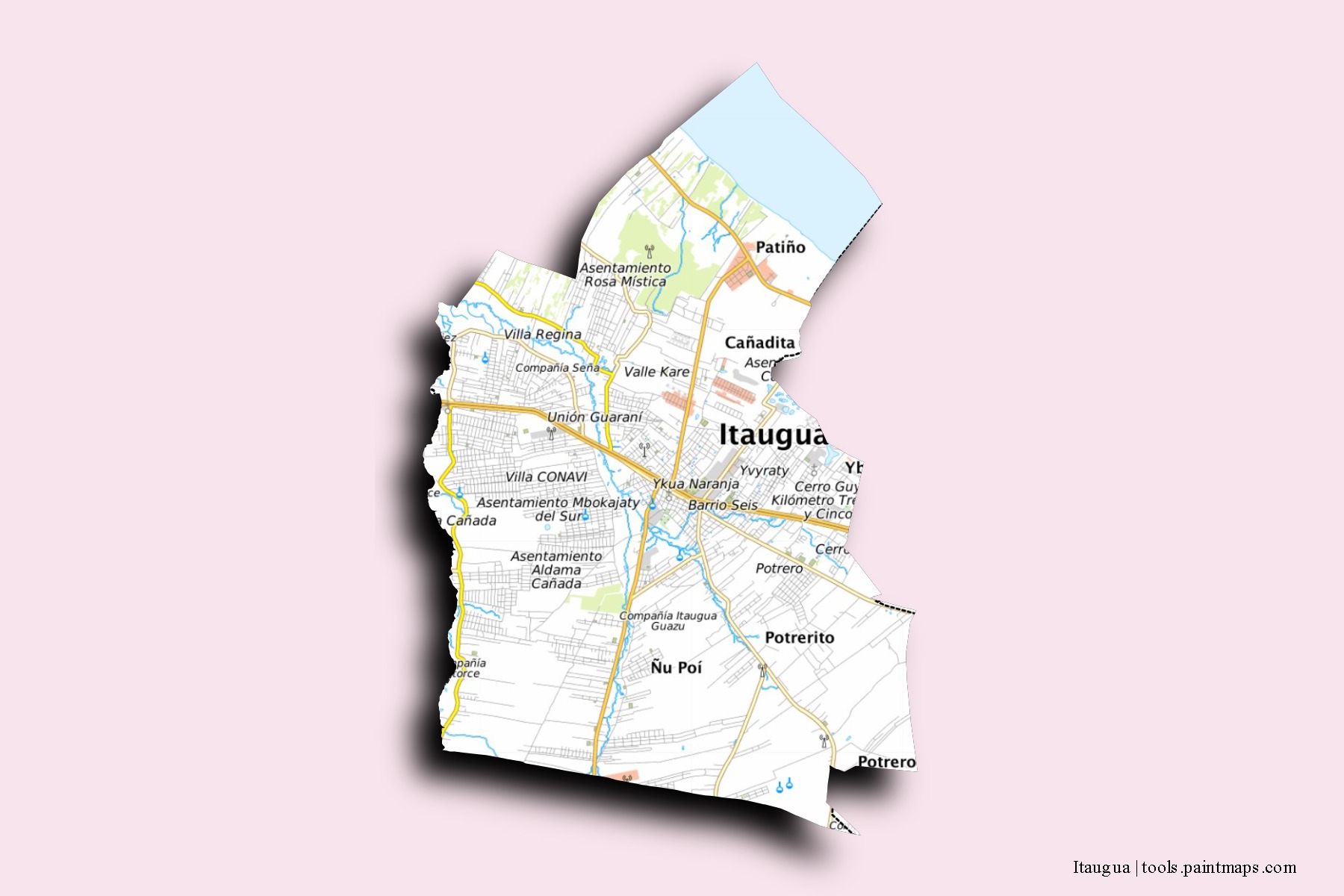 Mapa de barrios y pueblos de Itaugua con efecto de sombra 3D