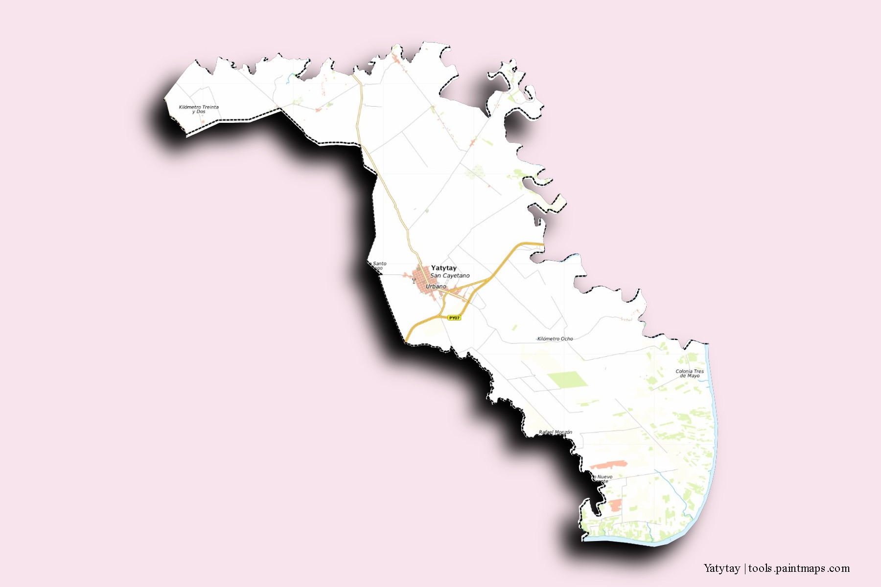 Mapa de barrios y pueblos de Yatytay con efecto de sombra 3D