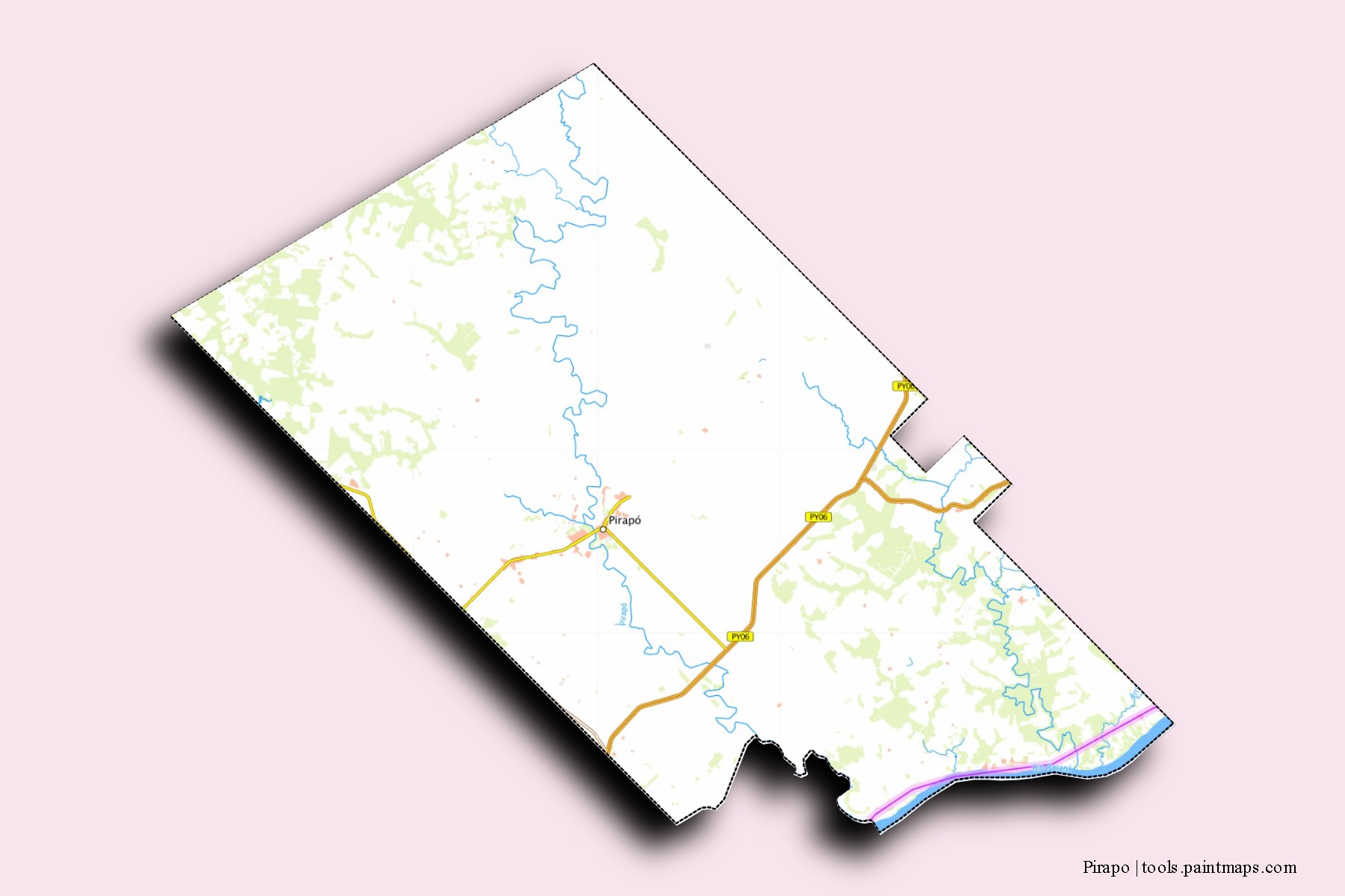 Mapa de barrios y pueblos de Pirapo con efecto de sombra 3D