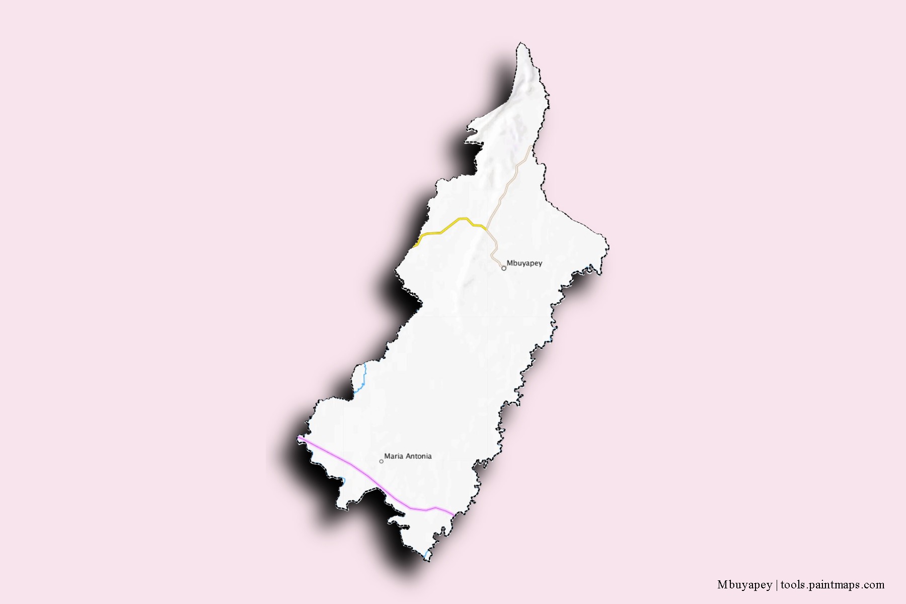 Mapa de barrios y pueblos de Mbuyapey con efecto de sombra 3D