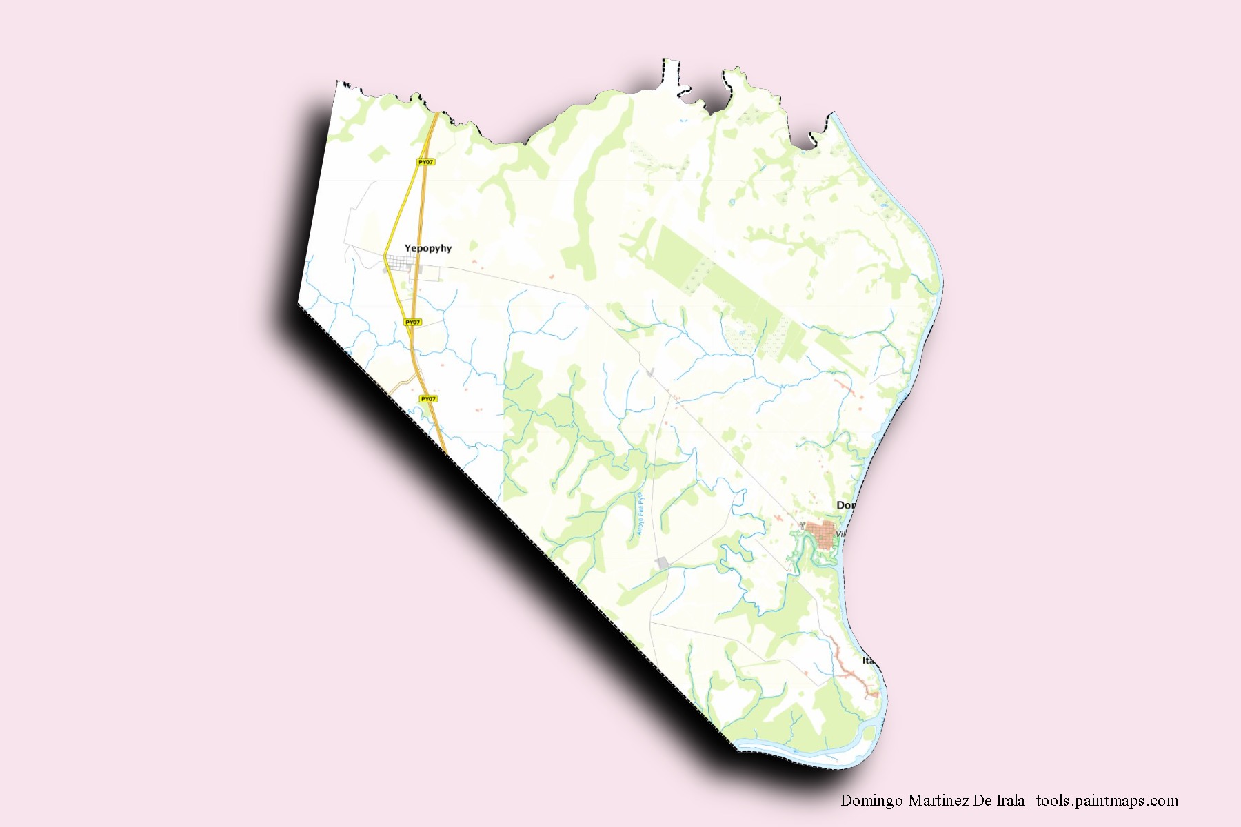 Mapa de barrios y pueblos de Domingo Martinez De Irala con efecto de sombra 3D