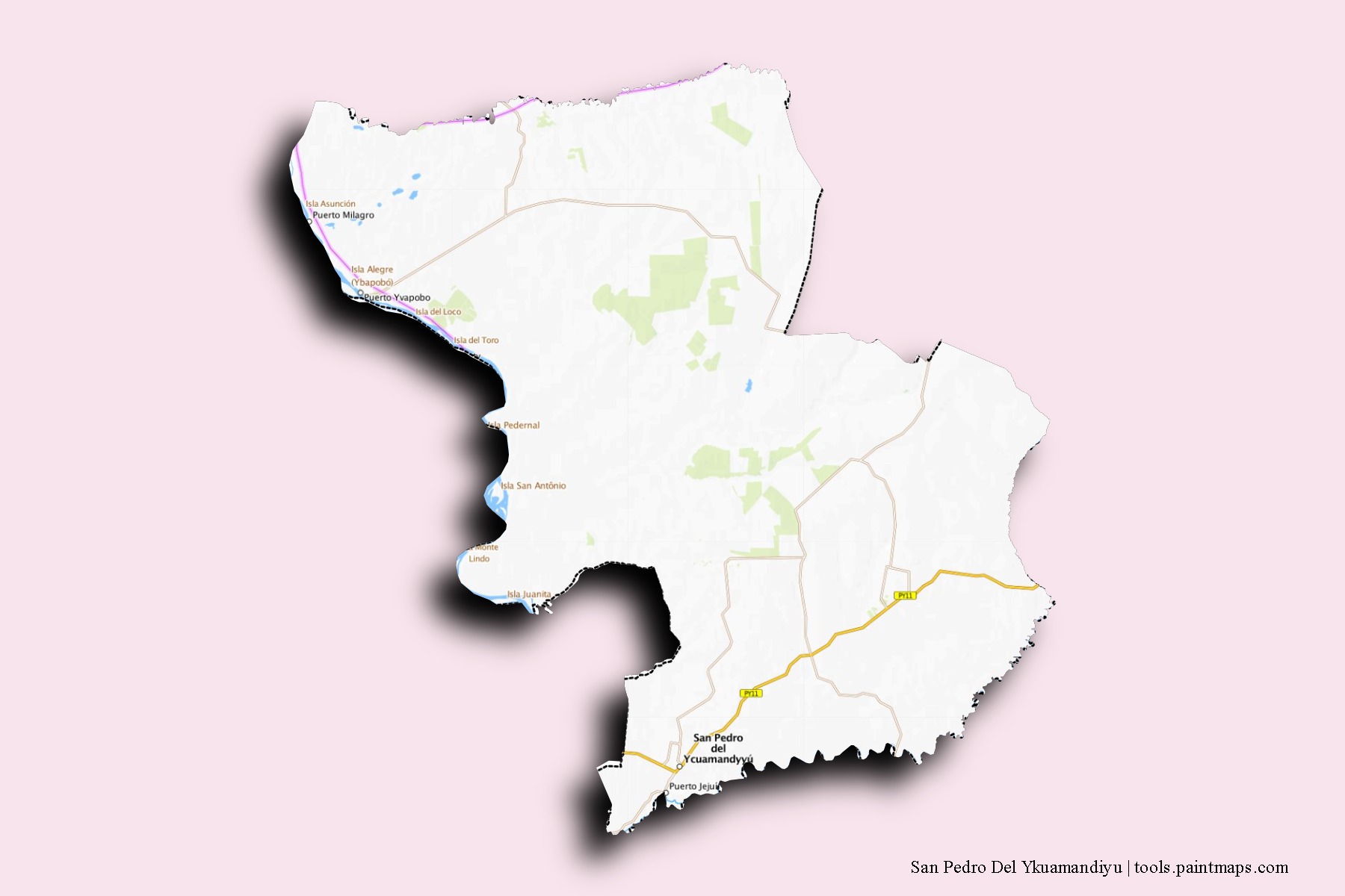 Mapa de barrios y pueblos de San Pedro Del Ykuamandiyu con efecto de sombra 3D
