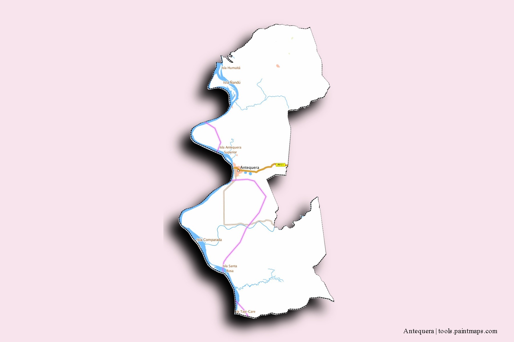 Mapa de barrios y pueblos de Antequera con efecto de sombra 3D