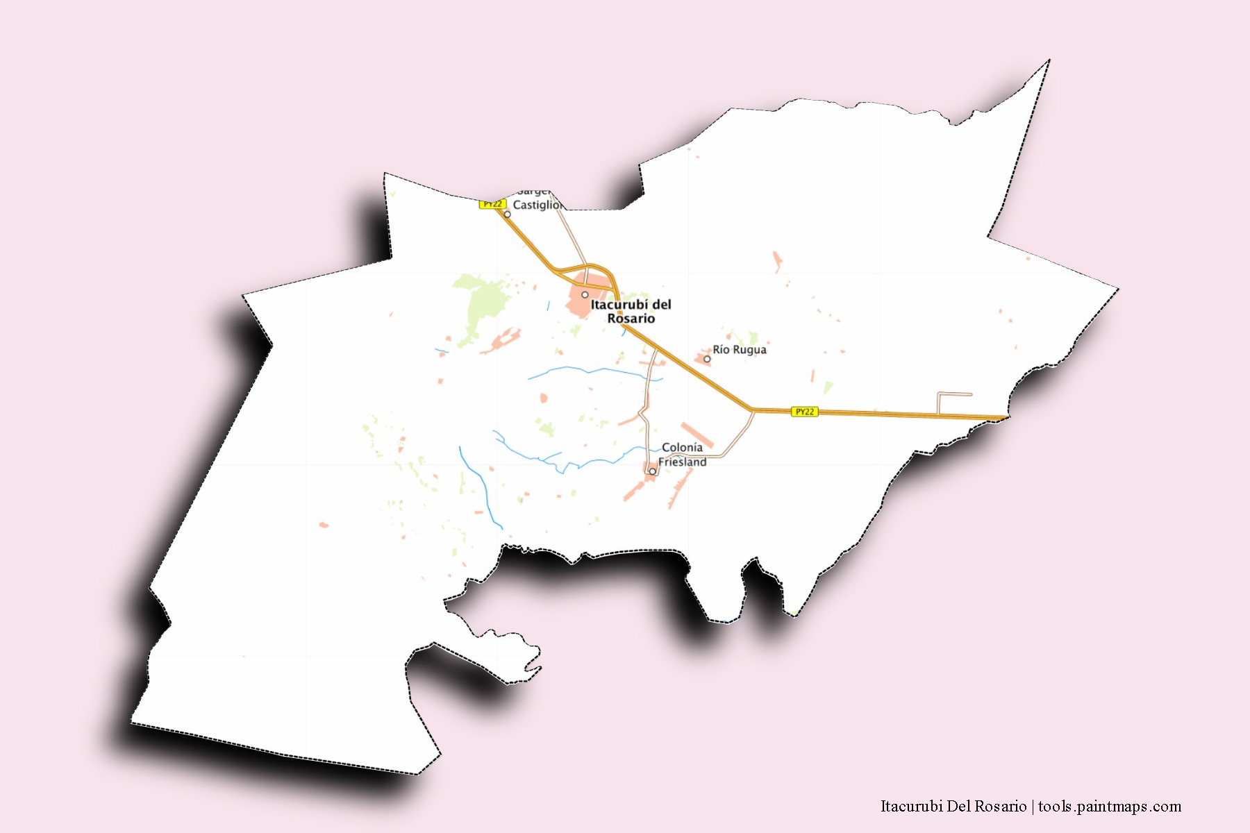 3D gölge efektli Itacurubi Del Rosario mahalleleri ve köyleri haritası