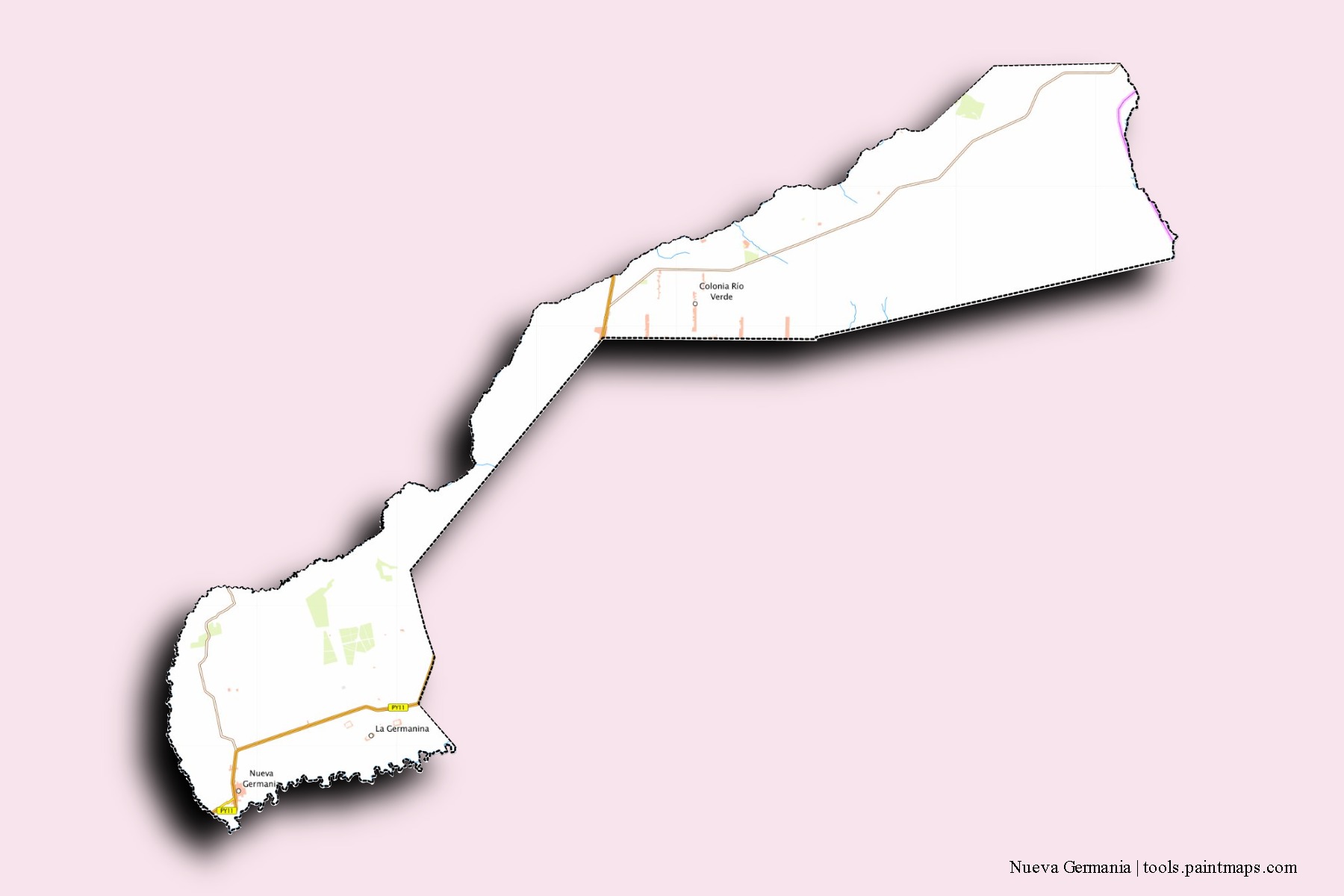 3D gölge efektli Nueva Germania mahalleleri ve köyleri haritası