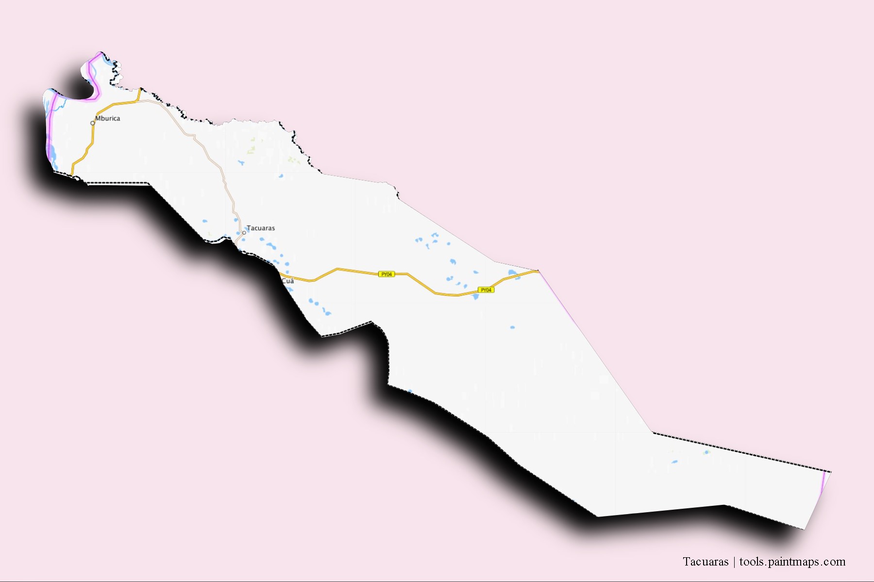 3D gölge efektli Tacuaras mahalleleri ve köyleri haritası
