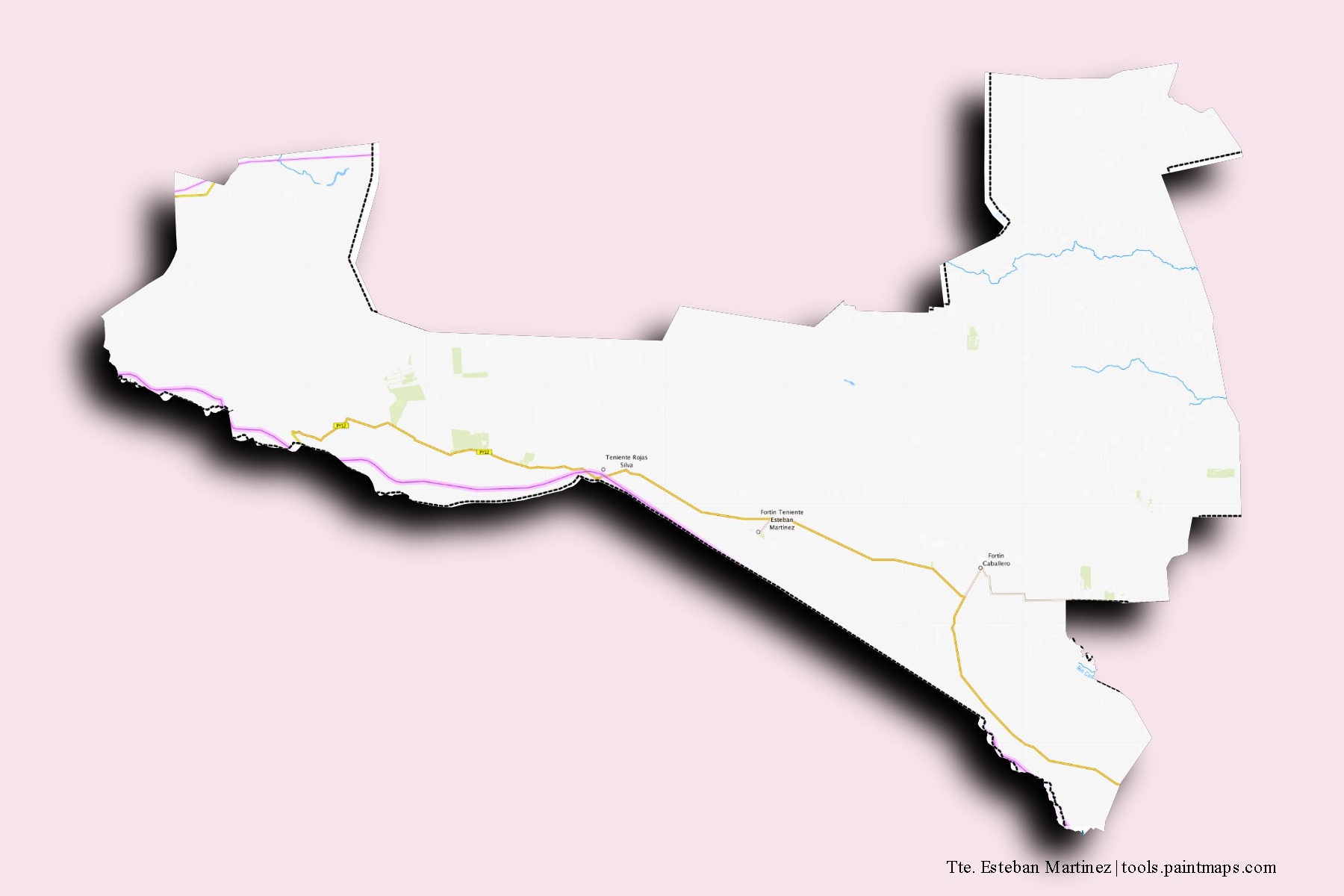 3D gölge efektli Tte. Esteban Martinez mahalleleri ve köyleri haritası