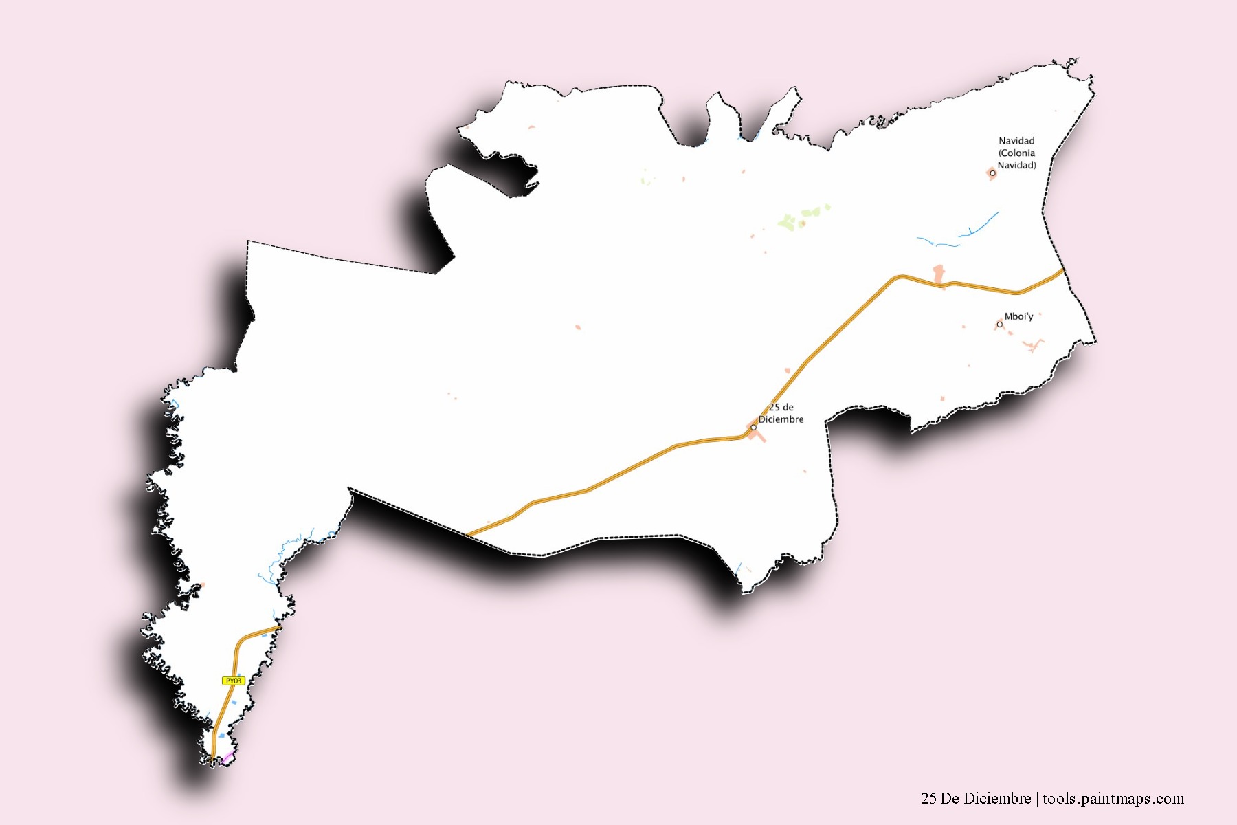 25 de Diciembre neighborhoods and villages map with 3D shadow effect