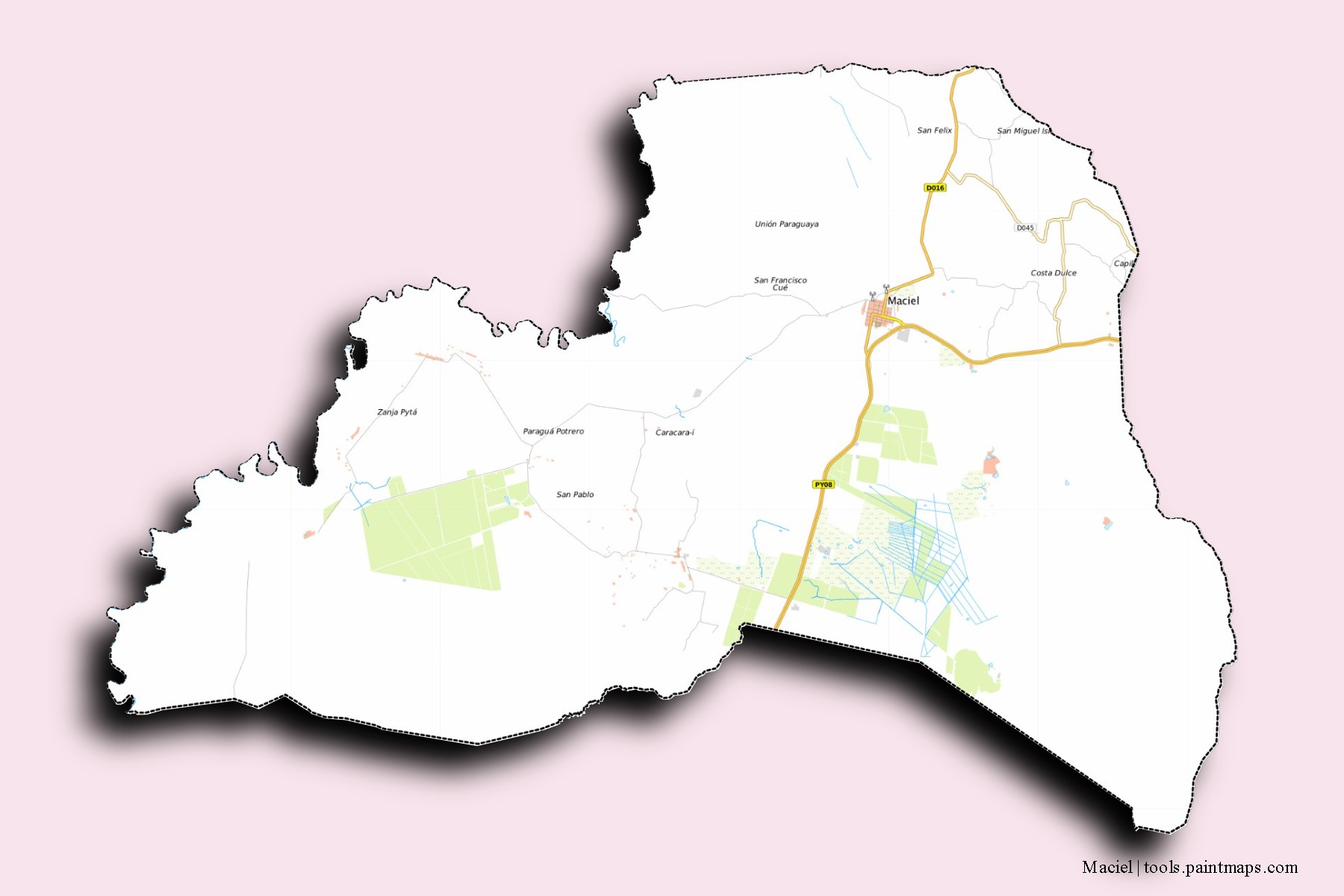 Mapa de barrios y pueblos de Maciel con efecto de sombra 3D