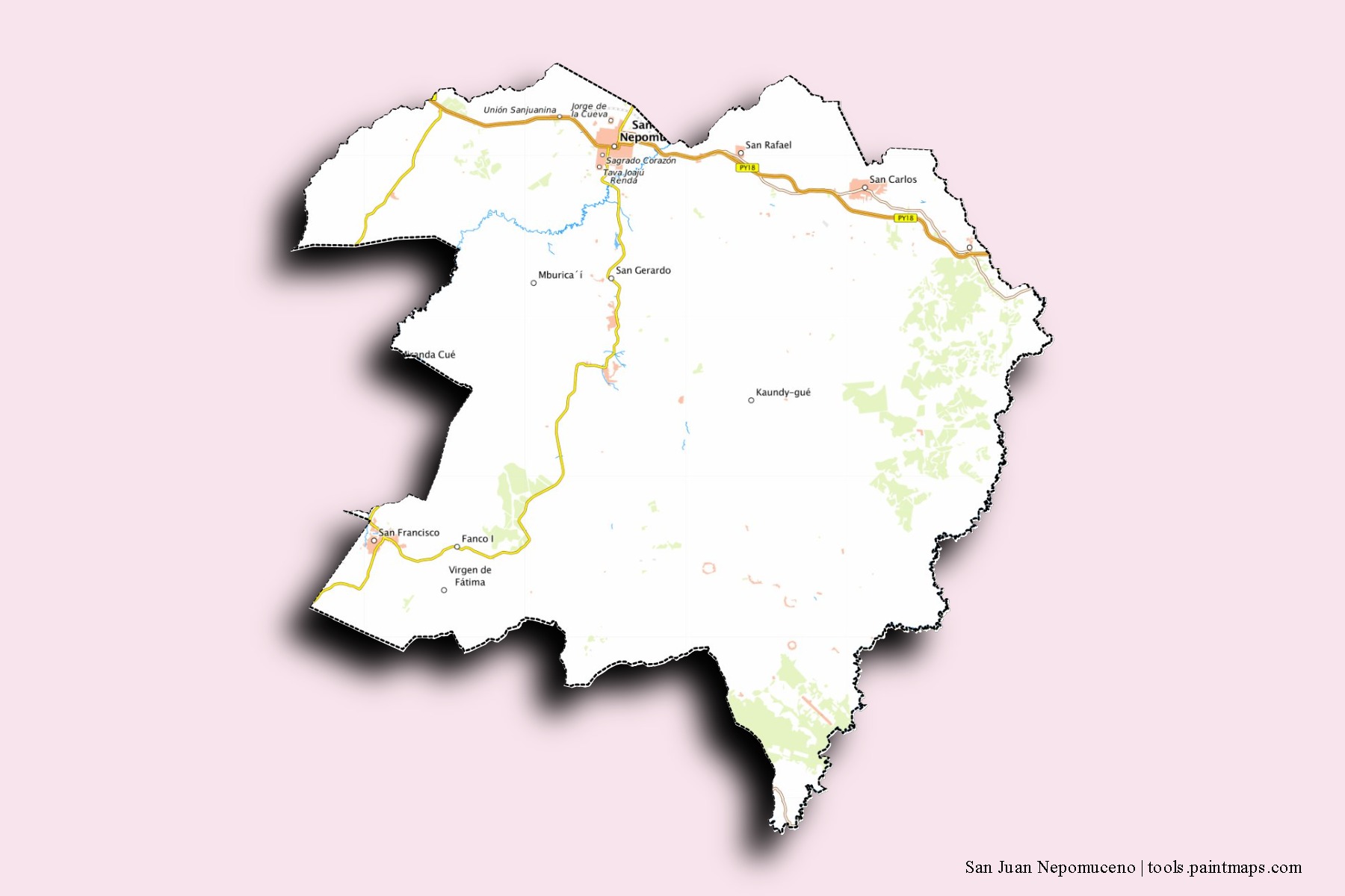 Mapa de barrios y pueblos de San Juan Nepomuceno con efecto de sombra 3D