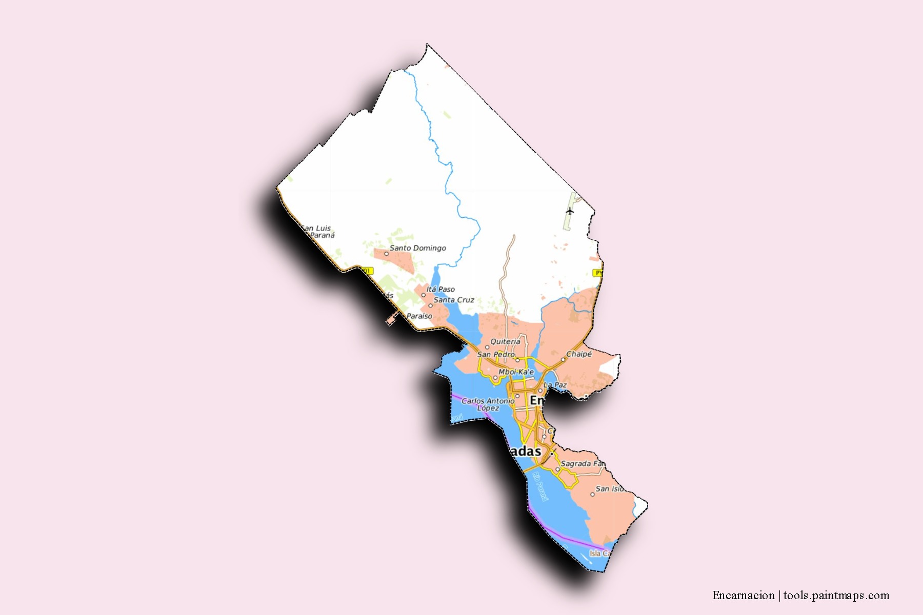 Mapa de barrios y pueblos de Encarnacion con efecto de sombra 3D