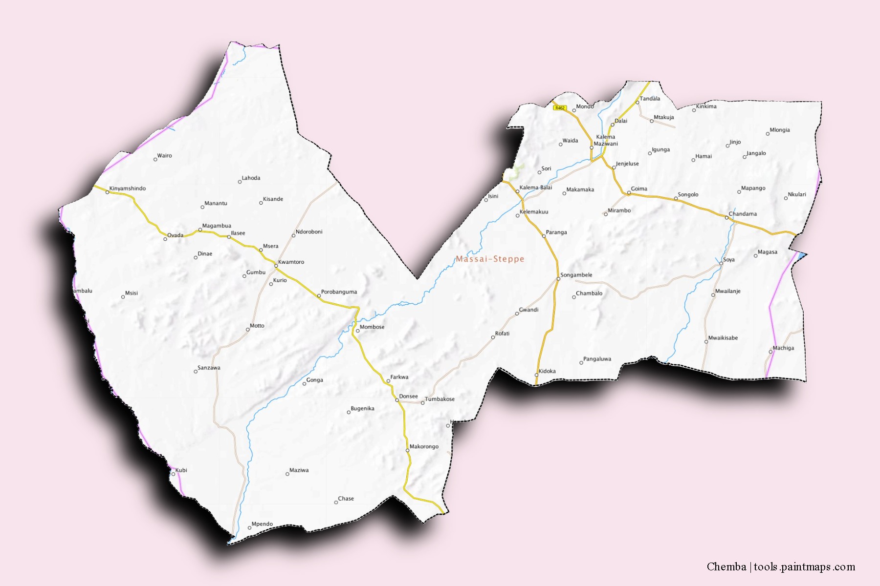 Mapa de barrios y pueblos de Chemba con efecto de sombra 3D