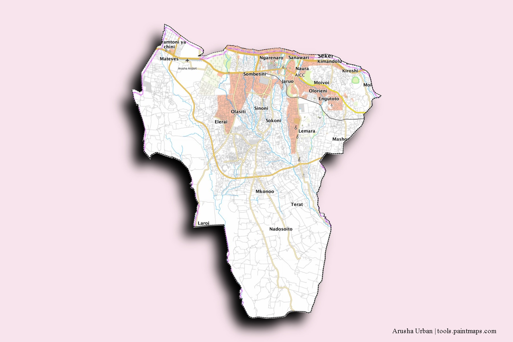 Arusha Urban neighborhoods and villages map with 3D shadow effect