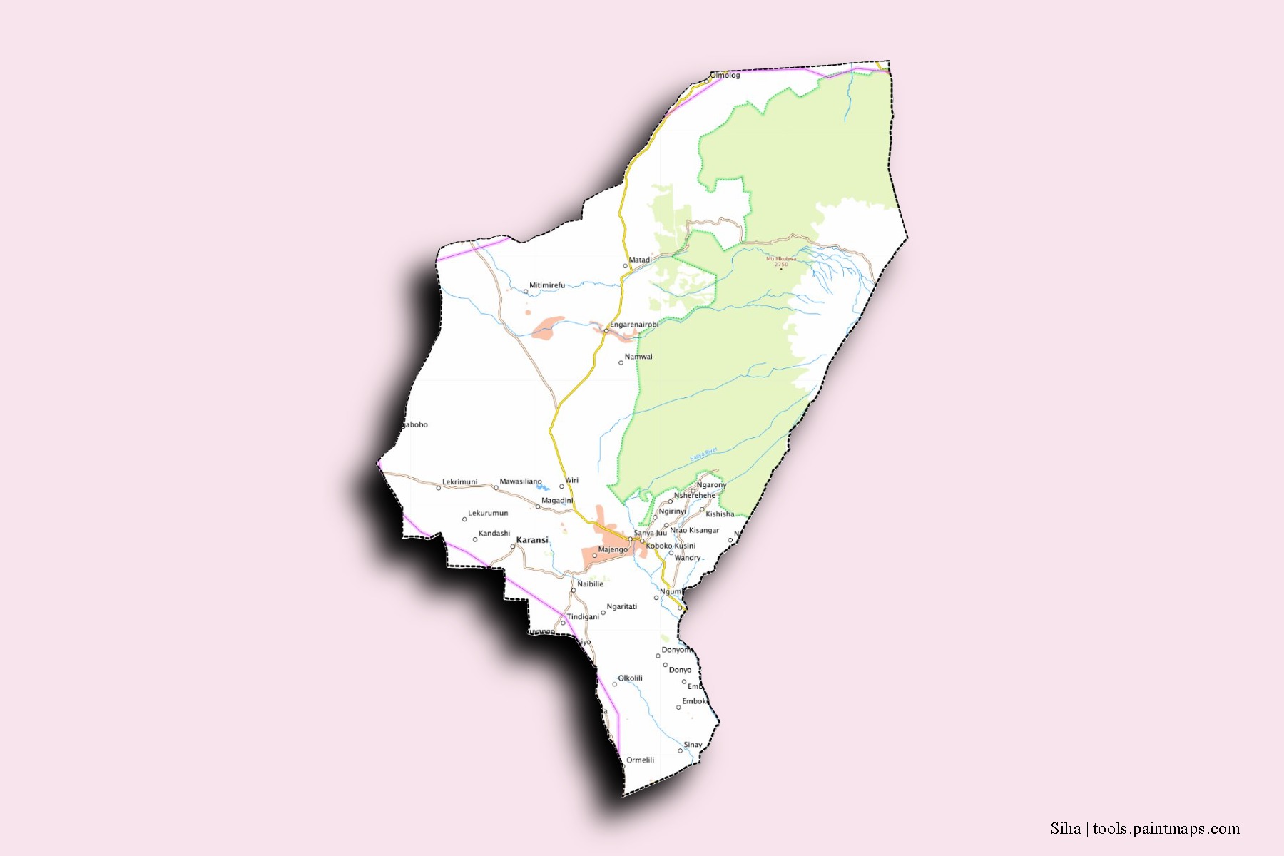 Mapa de barrios y pueblos de Siha con efecto de sombra 3D