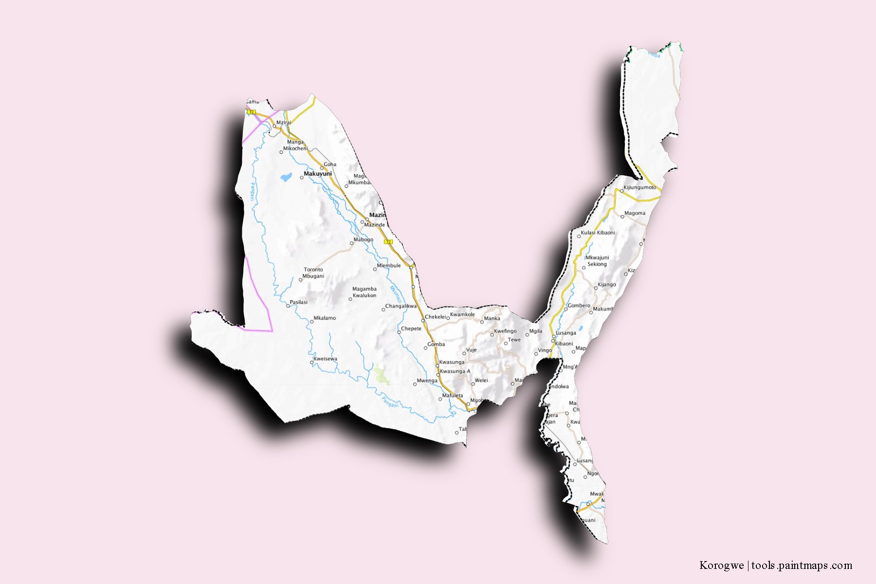 3D gölge efektli Korogwe mahalleleri ve köyleri haritası