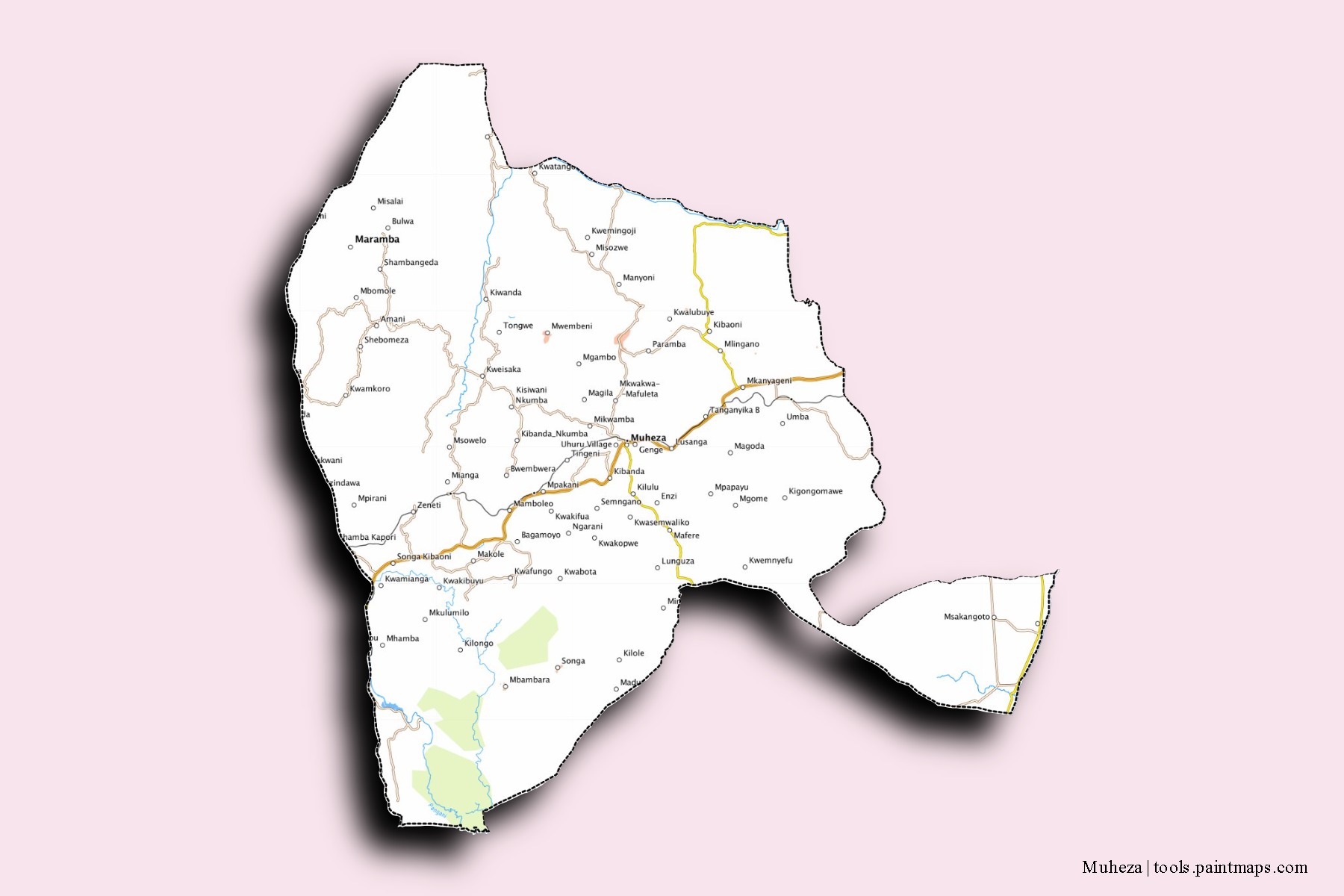 Mapa de barrios y pueblos de Muheza con efecto de sombra 3D