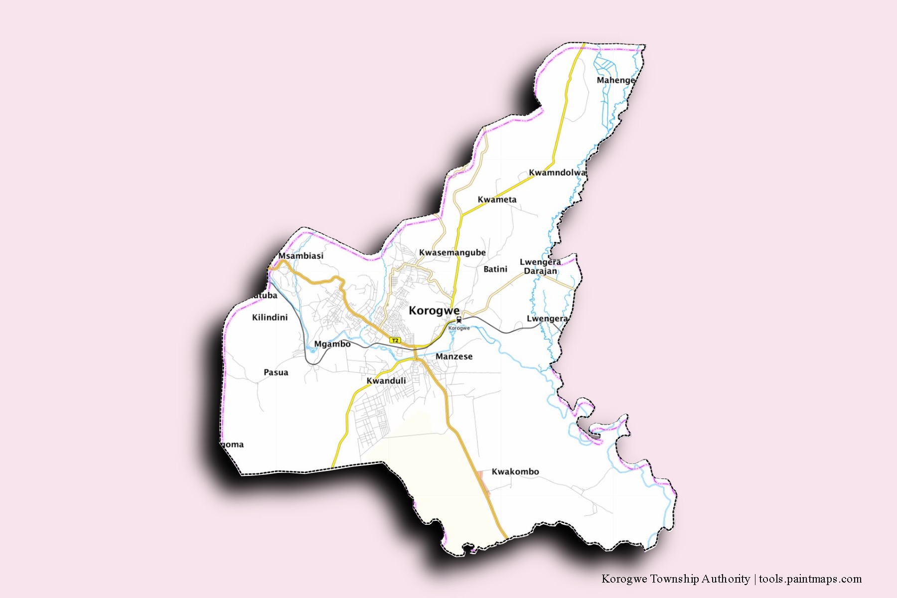 Korogwe Township Authority neighborhoods and villages map with 3D shadow effect