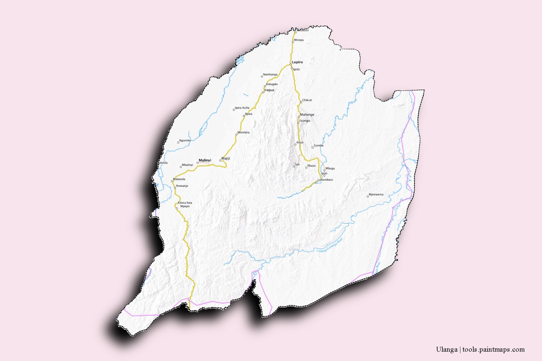 Mapa de barrios y pueblos de Ulanga con efecto de sombra 3D