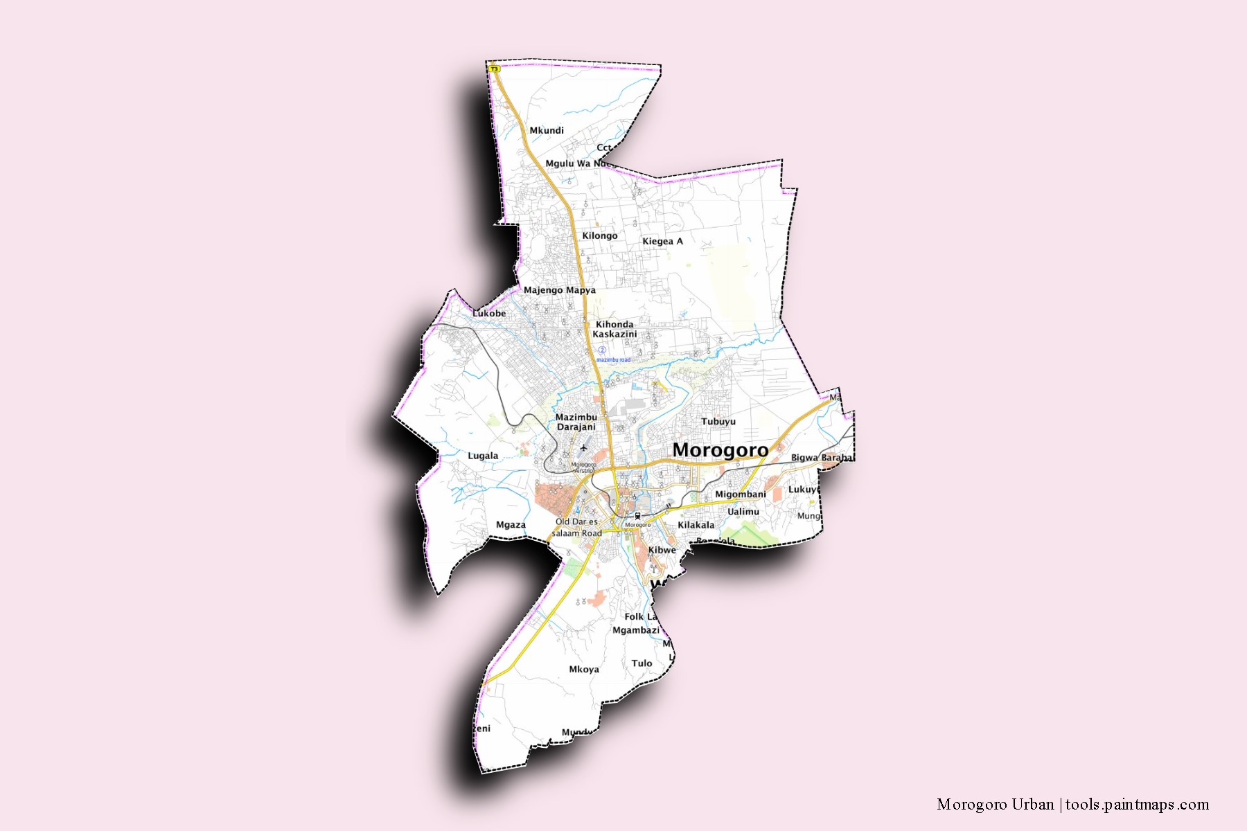 Mapa de barrios y pueblos de Morogoro Urban con efecto de sombra 3D