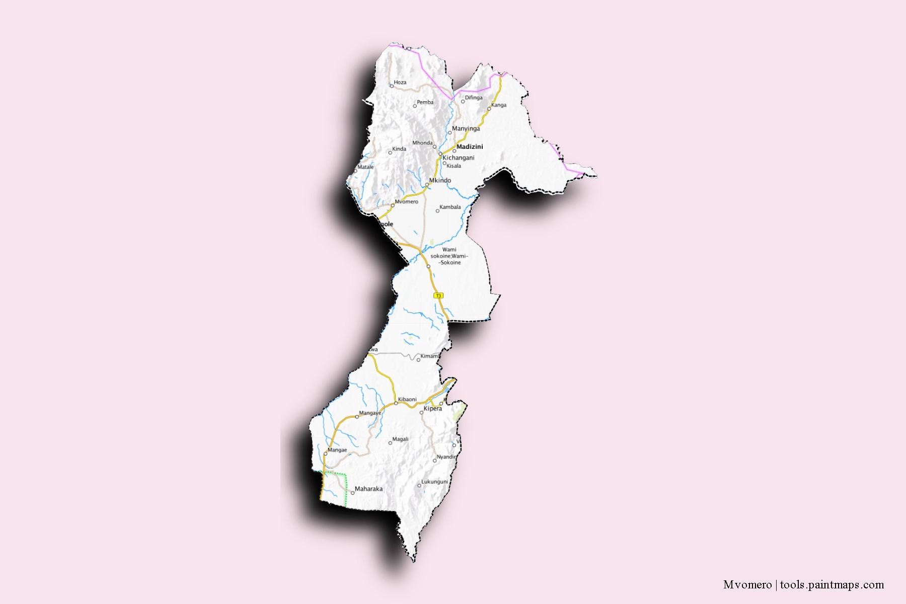 3D gölge efektli Mvomero mahalleleri ve köyleri haritası