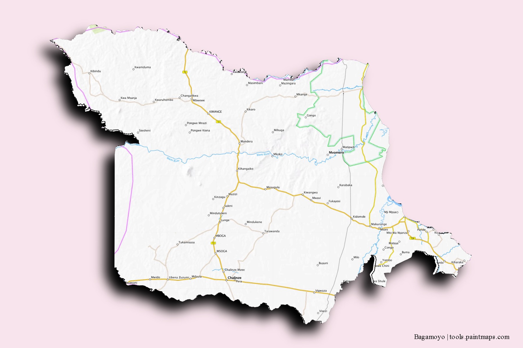 Mapa de barrios y pueblos de Bagamoyo con efecto de sombra 3D