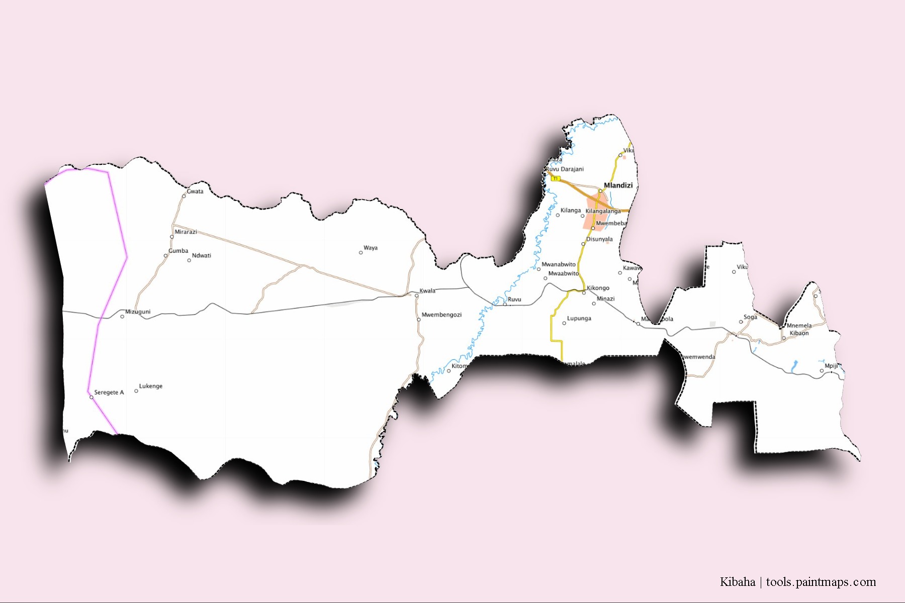 Kibaha neighborhoods and villages map with 3D shadow effect