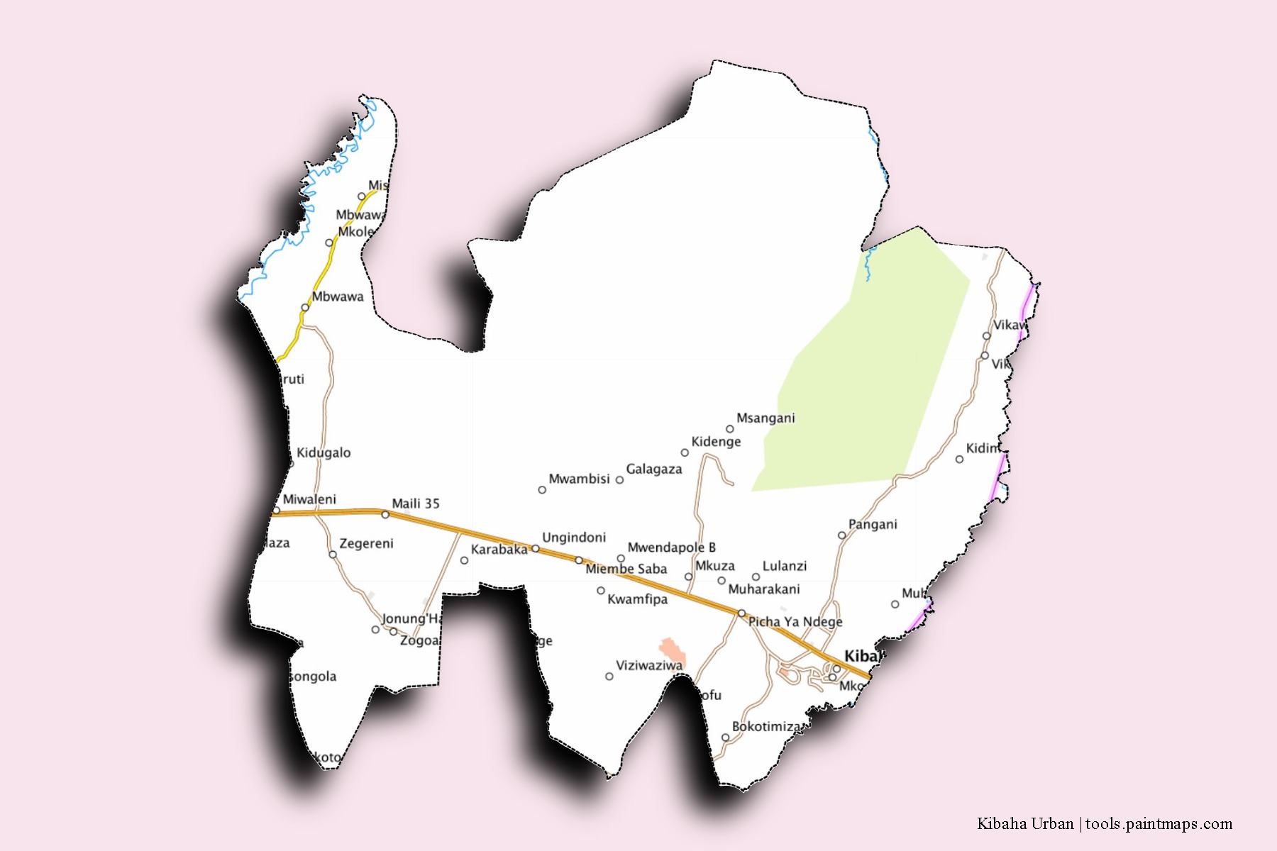 Mapa de barrios y pueblos de Kibaha Urban con efecto de sombra 3D