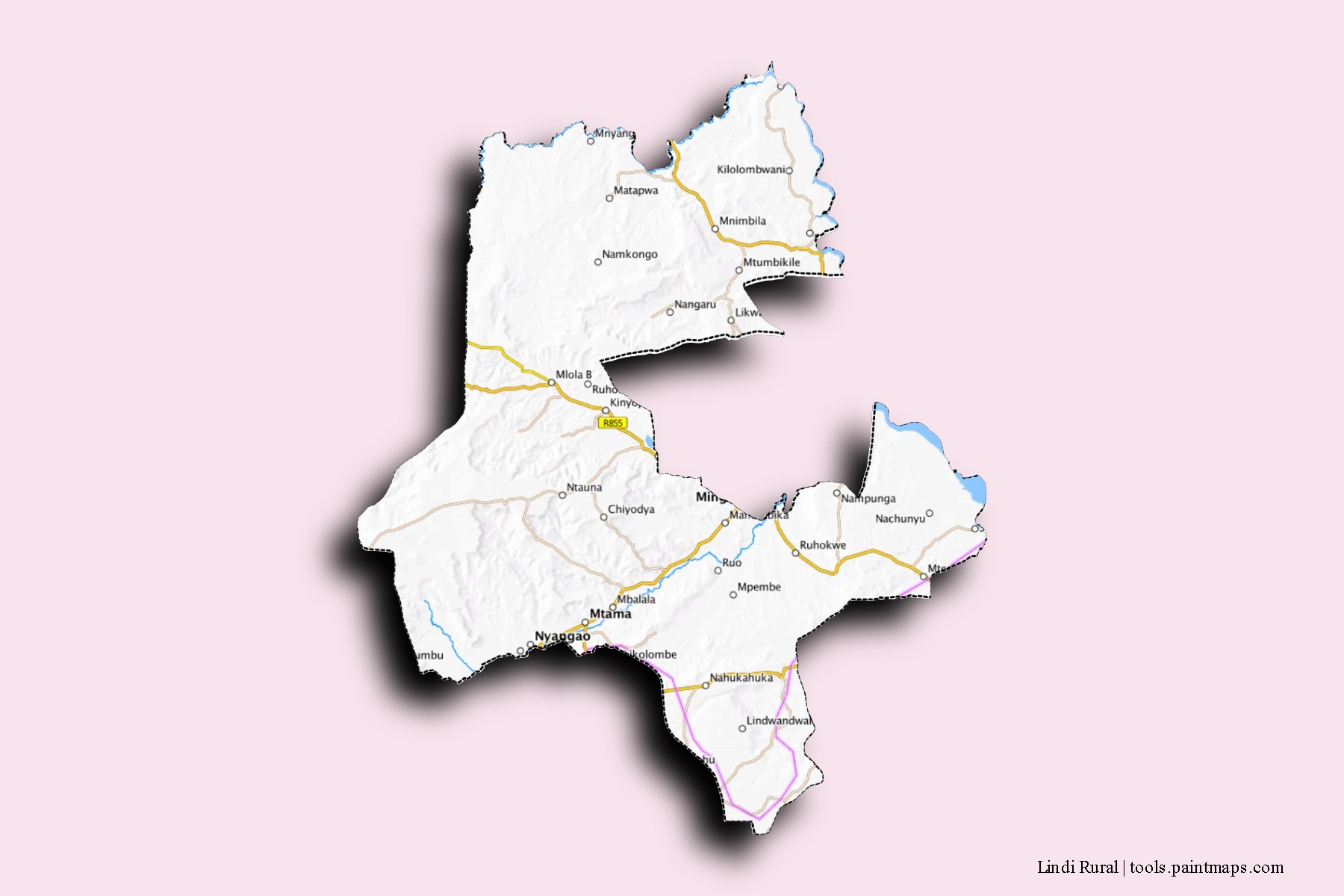 Mapa de barrios y pueblos de Lindi Rural con efecto de sombra 3D