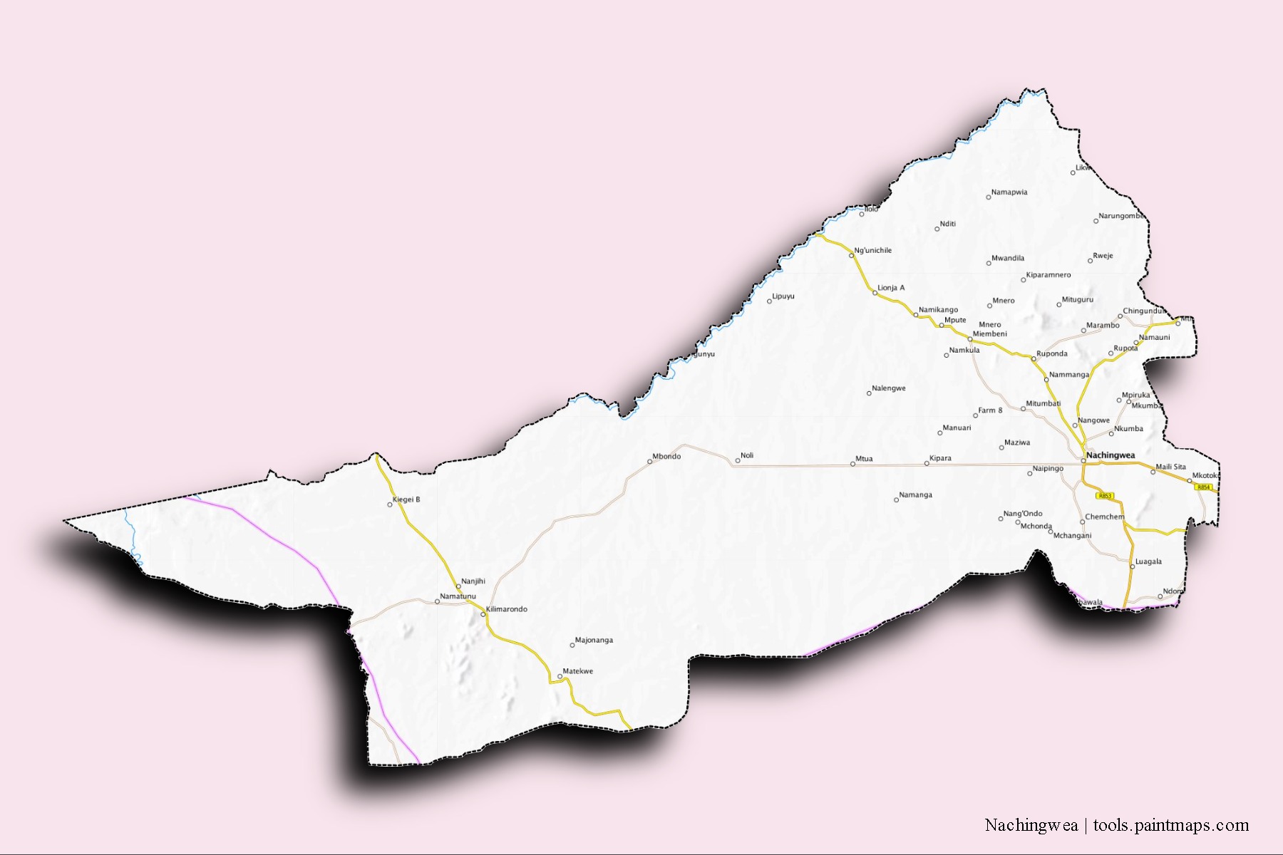 Nachingwea neighborhoods and villages map with 3D shadow effect