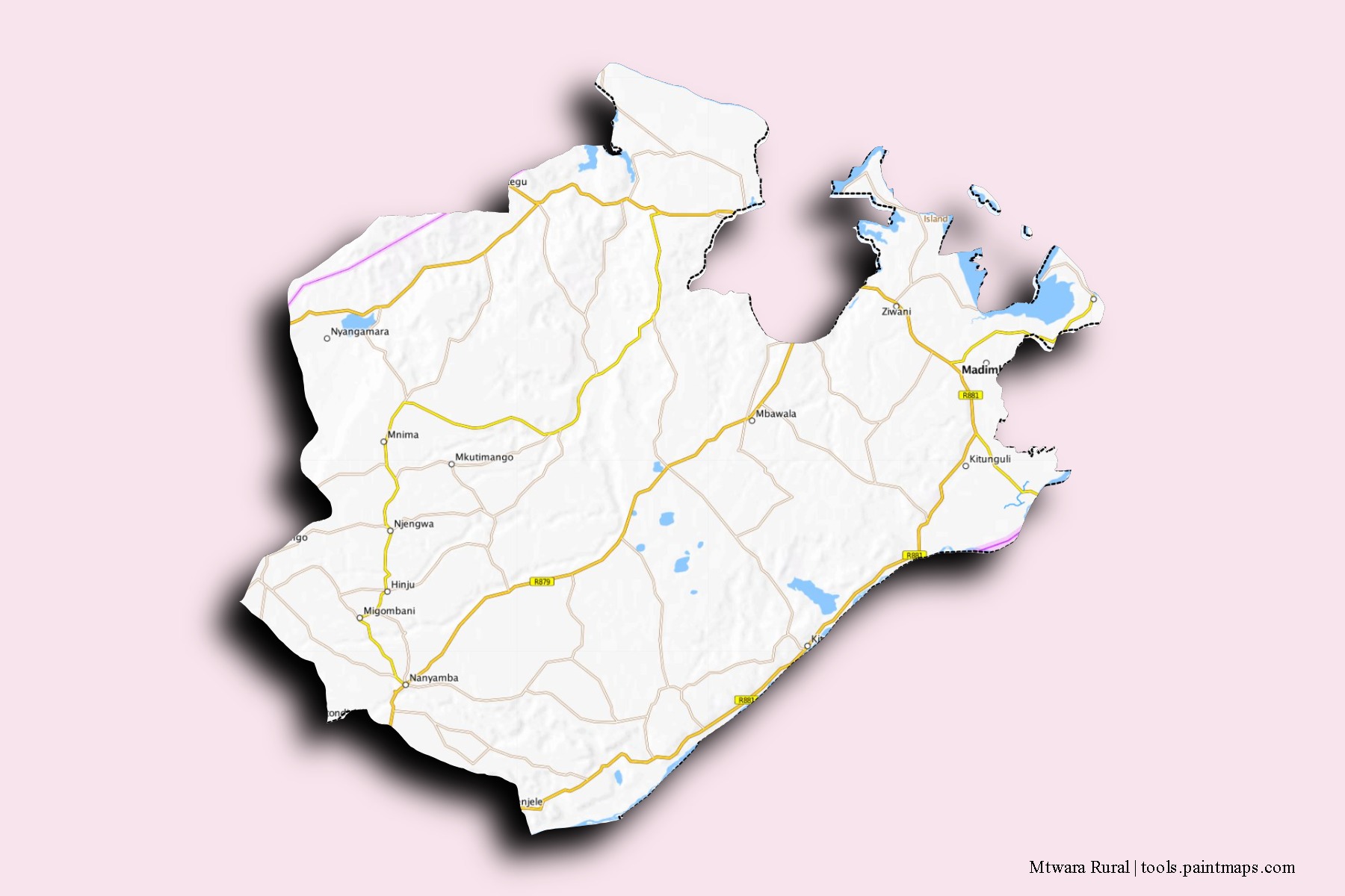 Mtwara Rural neighborhoods and villages map with 3D shadow effect