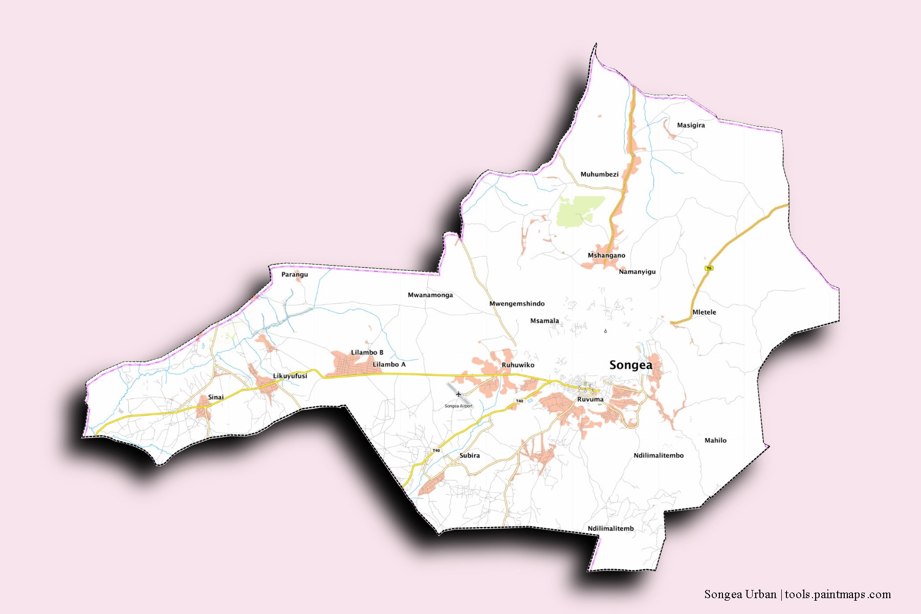 3D gölge efektli Songea Urban mahalleleri ve köyleri haritası