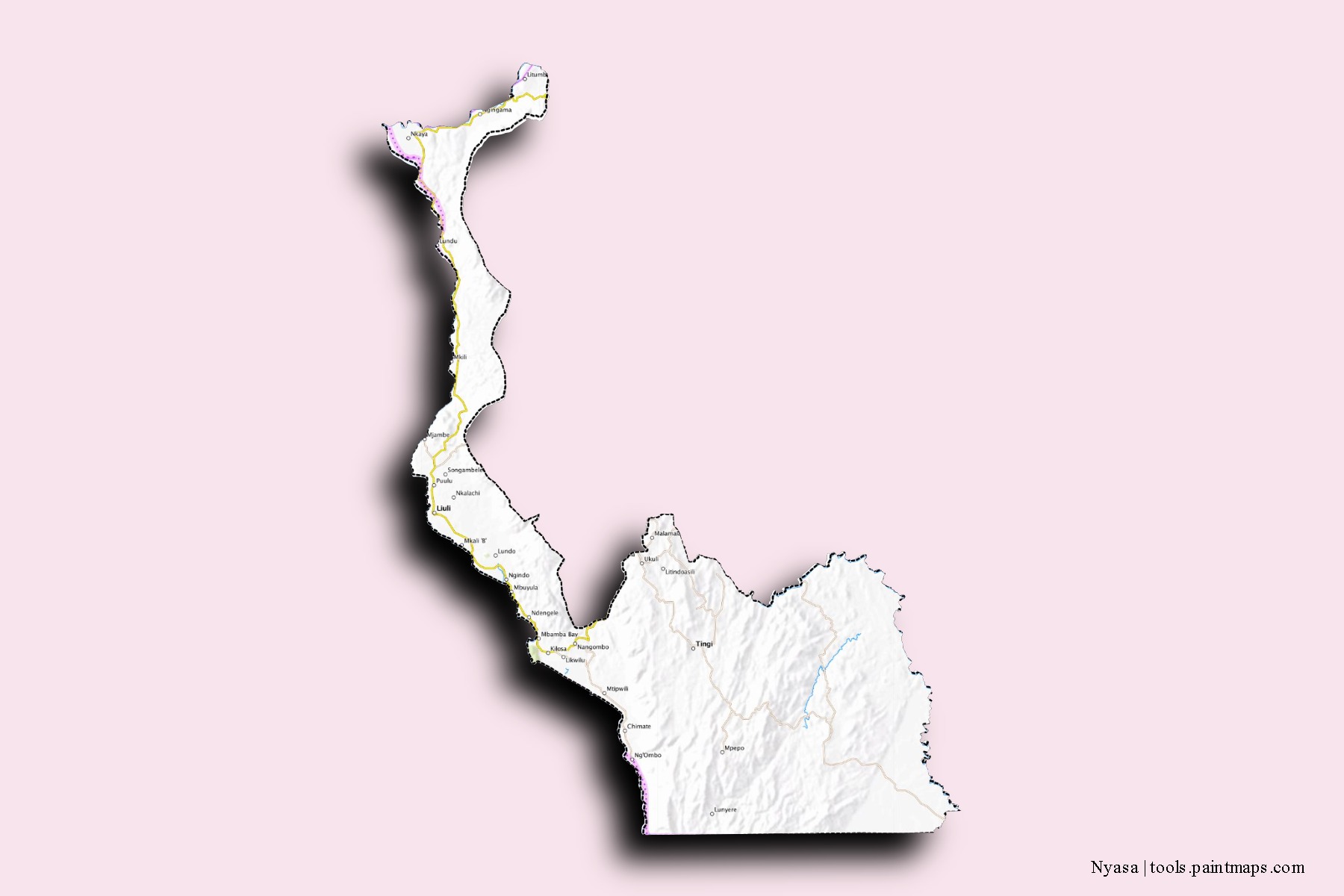 Mapa de barrios y pueblos de Nyasa con efecto de sombra 3D