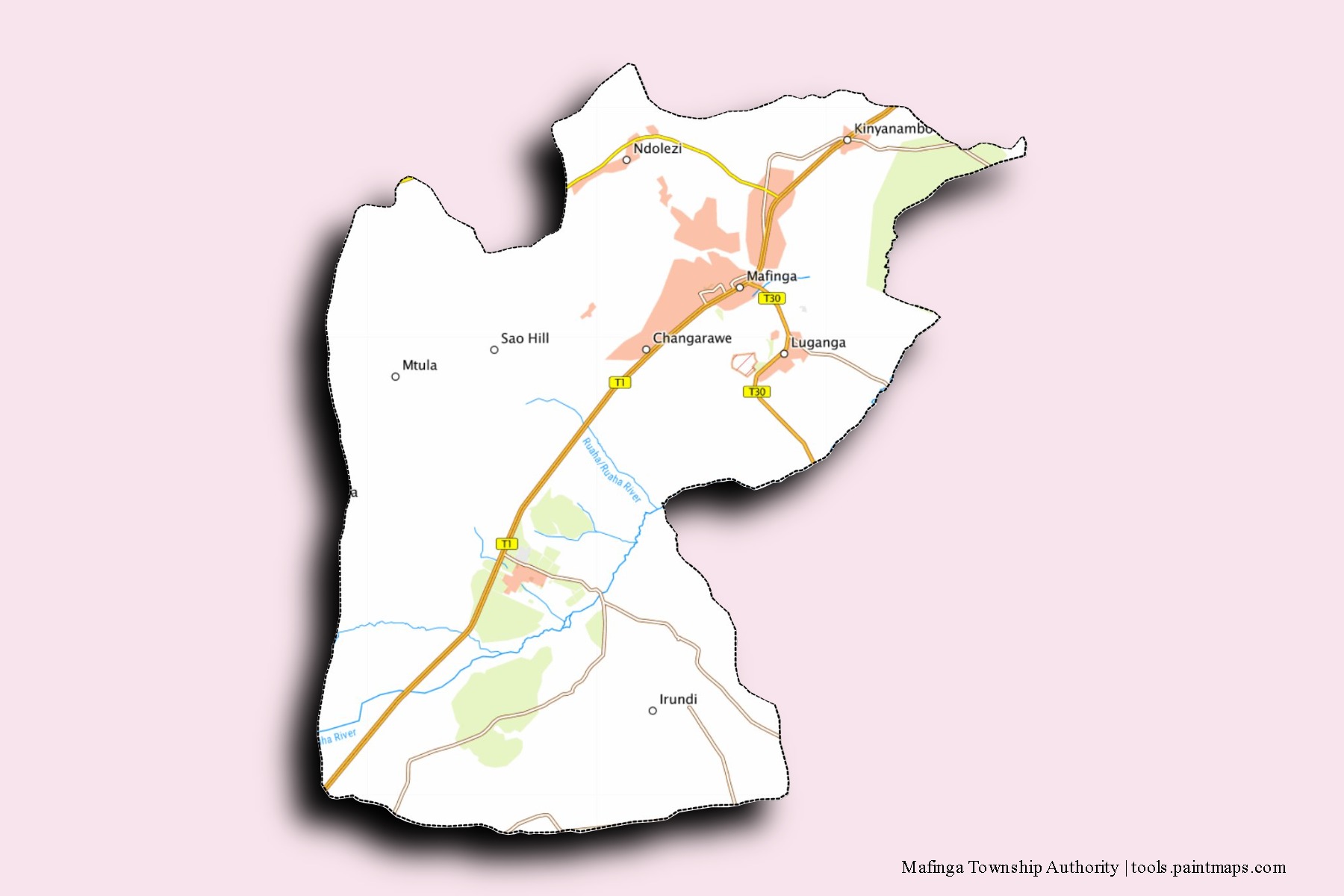 Mafinga Township Authority neighborhoods and villages map with 3D shadow effect