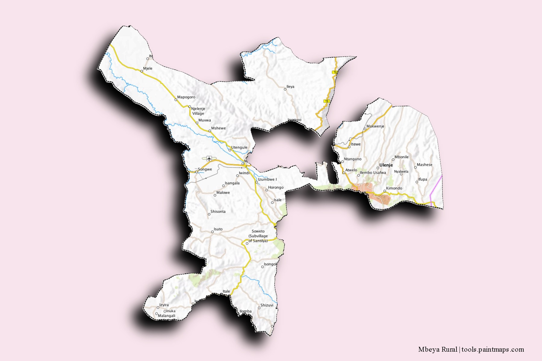 Mbeya Rural neighborhoods and villages map with 3D shadow effect