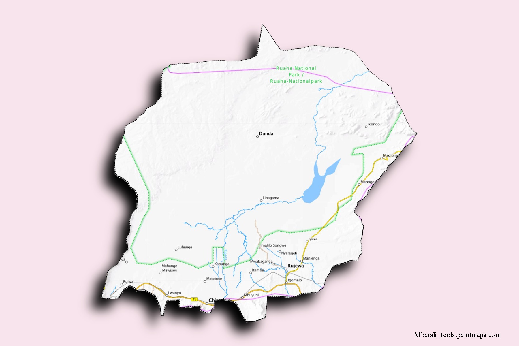 Mapa de barrios y pueblos de Mbarali con efecto de sombra 3D