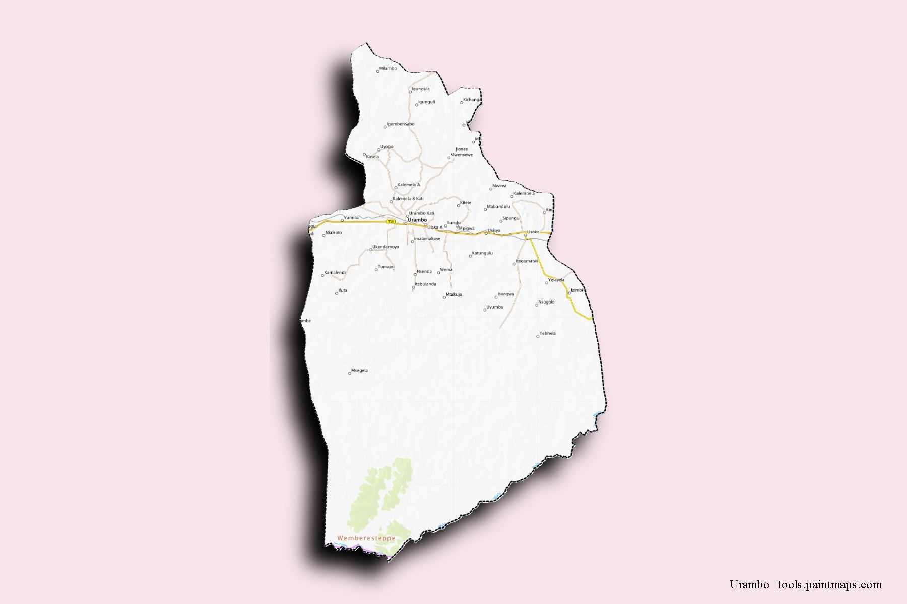 Mapa de barrios y pueblos de Urambo con efecto de sombra 3D