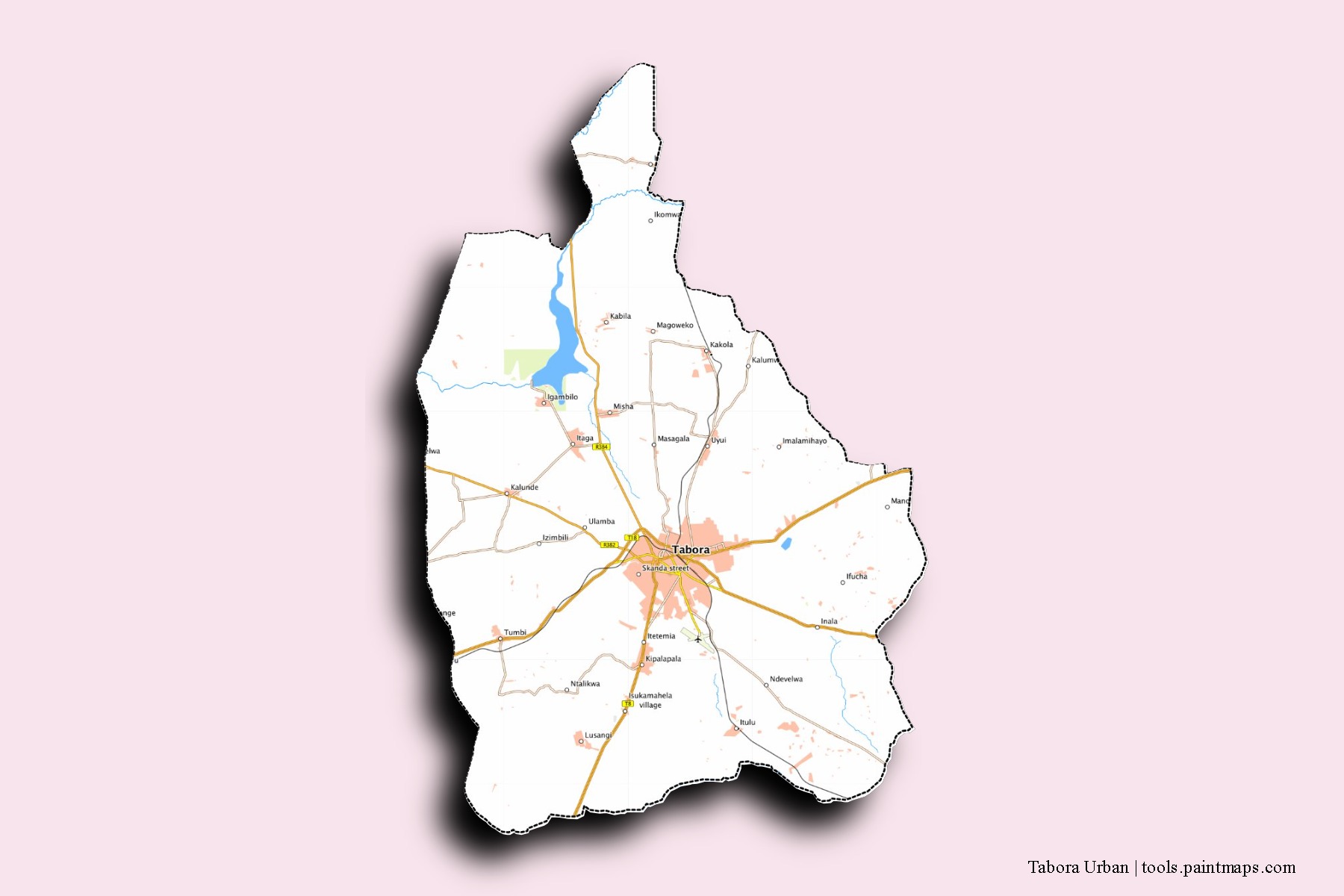 Mapa de barrios y pueblos de Tabora Urban con efecto de sombra 3D