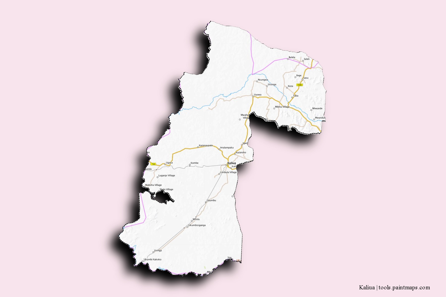 Mapa de barrios y pueblos de Kaliua con efecto de sombra 3D