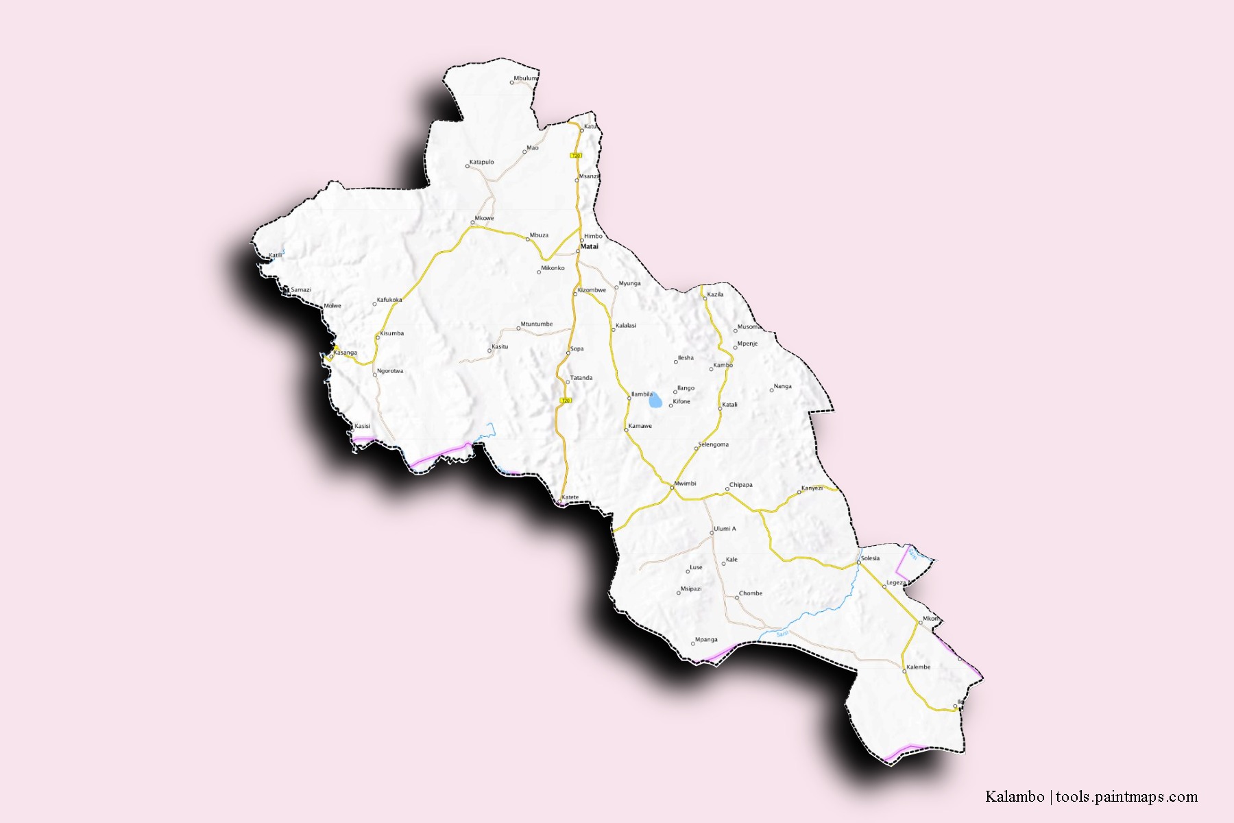 Mapa de barrios y pueblos de Kalambo con efecto de sombra 3D