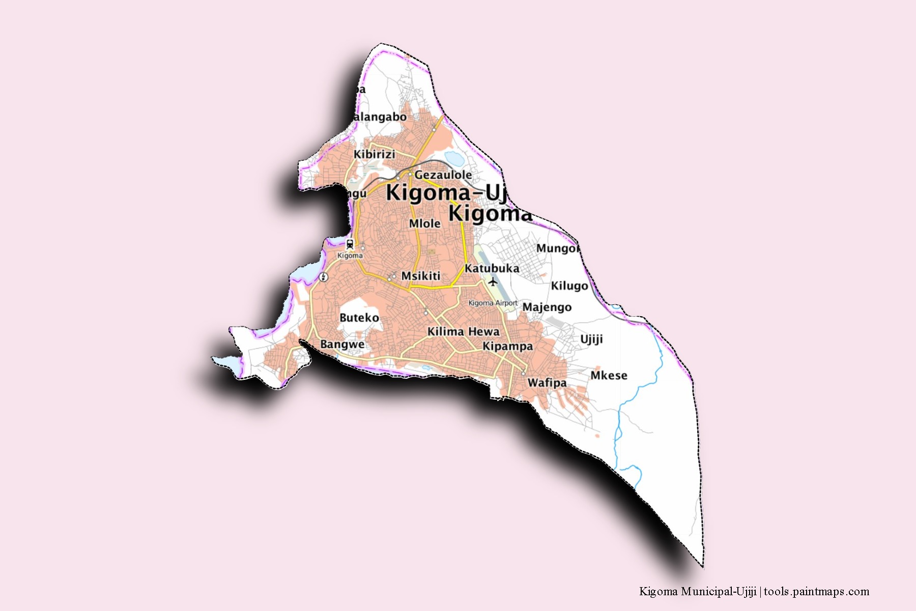 Kigoma Municipal-Ujiji neighborhoods and villages map with 3D shadow effect