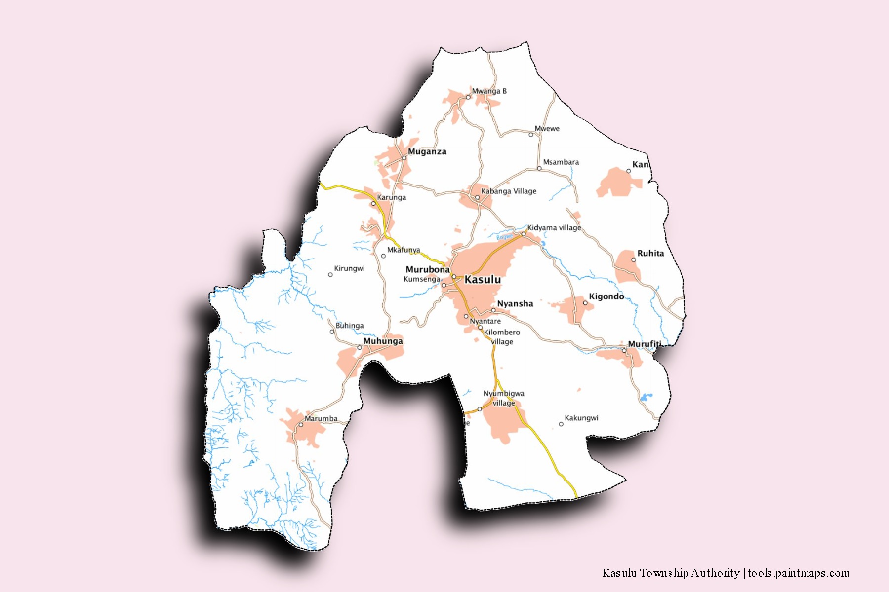 Kasulu Township Authority neighborhoods and villages map with 3D shadow effect