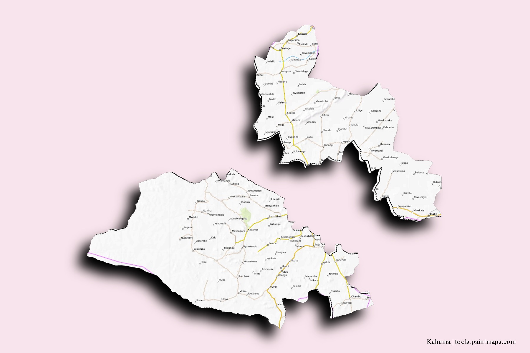 Kahama neighborhoods and villages map with 3D shadow effect